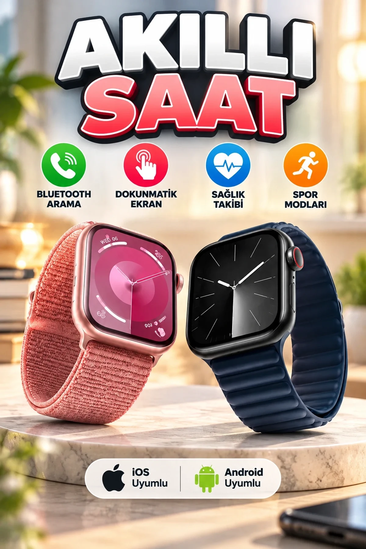 1.54 İnç Dokunmatik Ekranlı Akıllı Saat – Bluetooth Arama | iOS ve Android Uyumlu