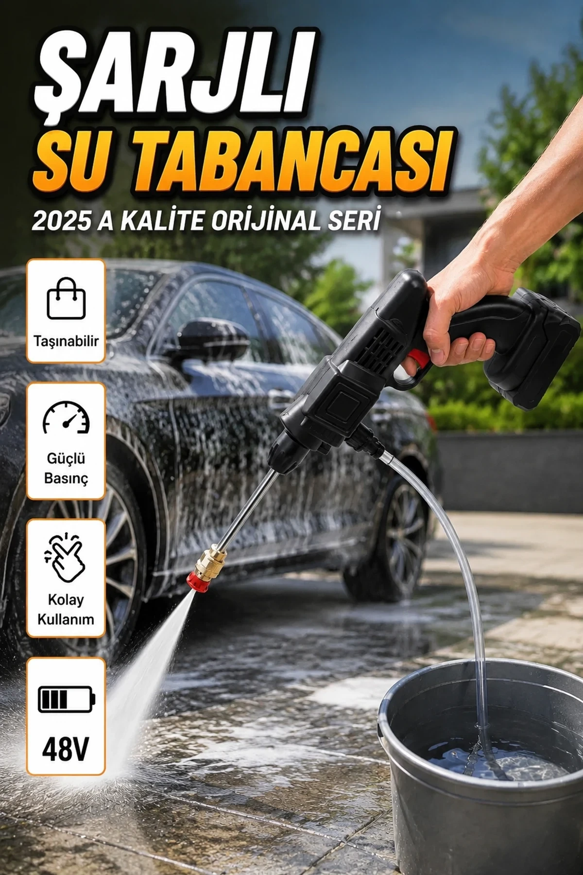 48V Şarjlı Basınçlı Su Tabancası – 15.000mAh Pil, 5 Metre Filtreli Hortum ve Köpük Haznesi