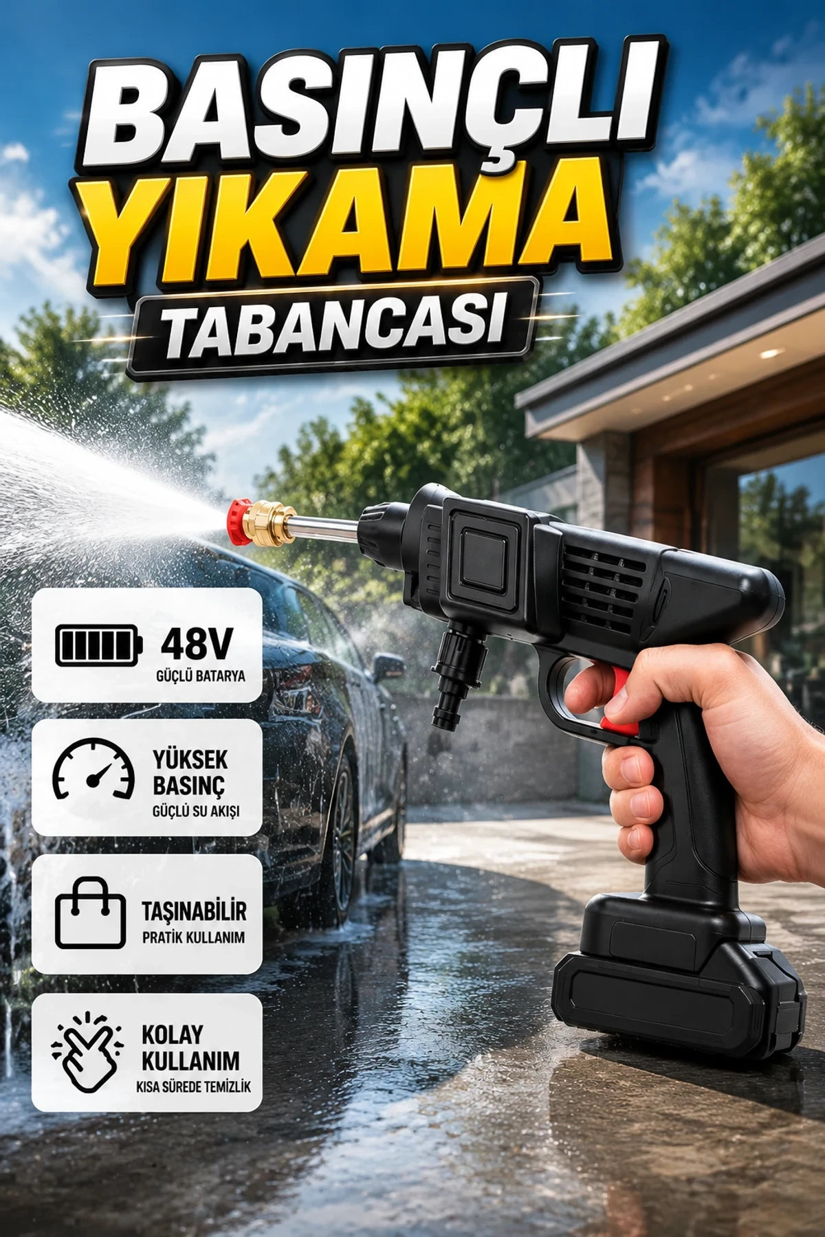 48V Şarjlı Basınçlı Yıkama Tabancası – 15000mAh Batarya, Köpük Haznesi ve 5 Metre Hortum