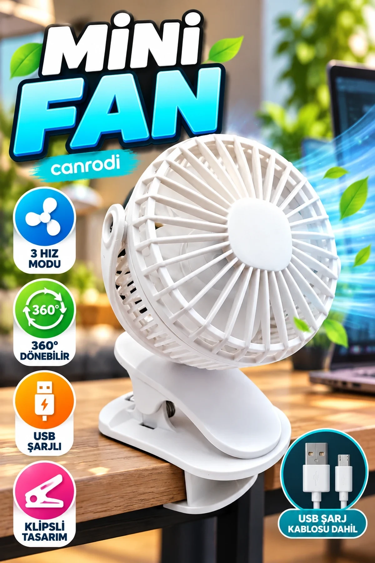 3 Hız Modlu 360° Dönebilen Klipsli USB Şarjlı Mini Fan