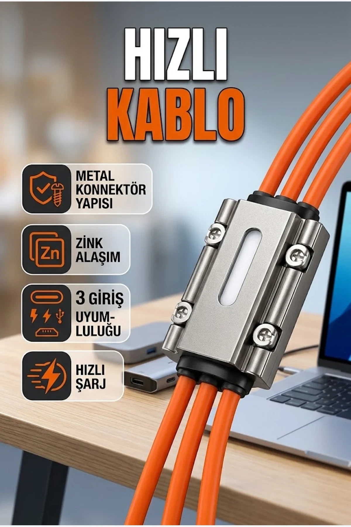 3ü 1 Arada Hızlı Şarj Kablosu – USB Type-C, Lightning ve Micro USB Uyumlu