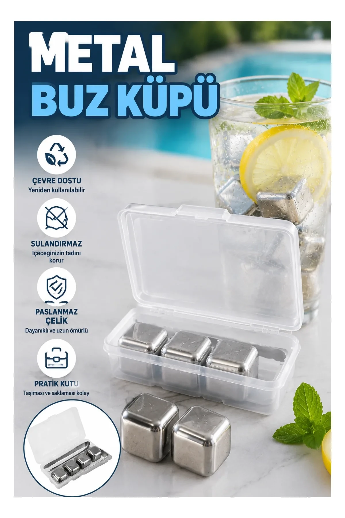 304 Paslanmaz Çelik Metal Buz Küpü ve Klips Seti