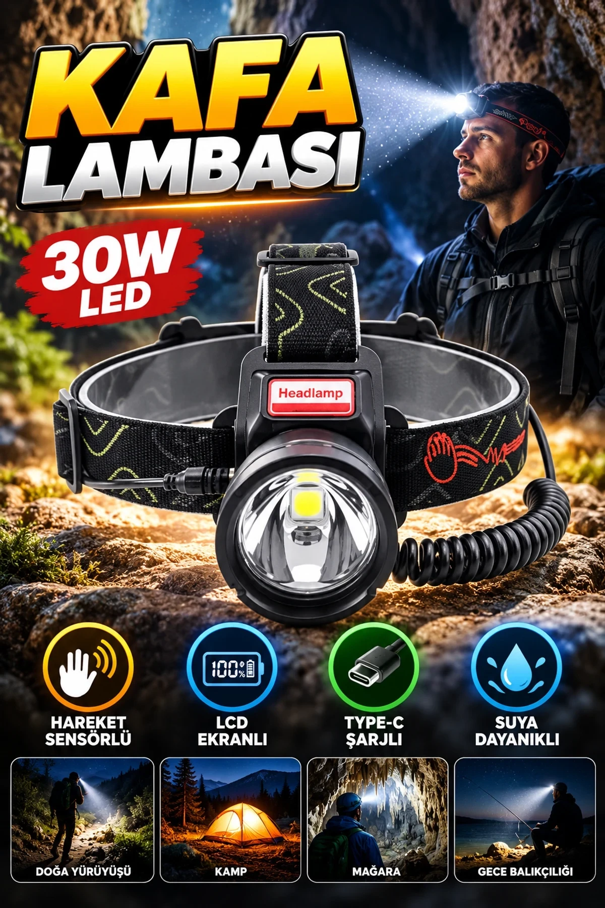 30W LED Şarjlı Kafa Lambası – Hareket Sensörlü, LCD Ekranlı ve Type-C Şarjlı