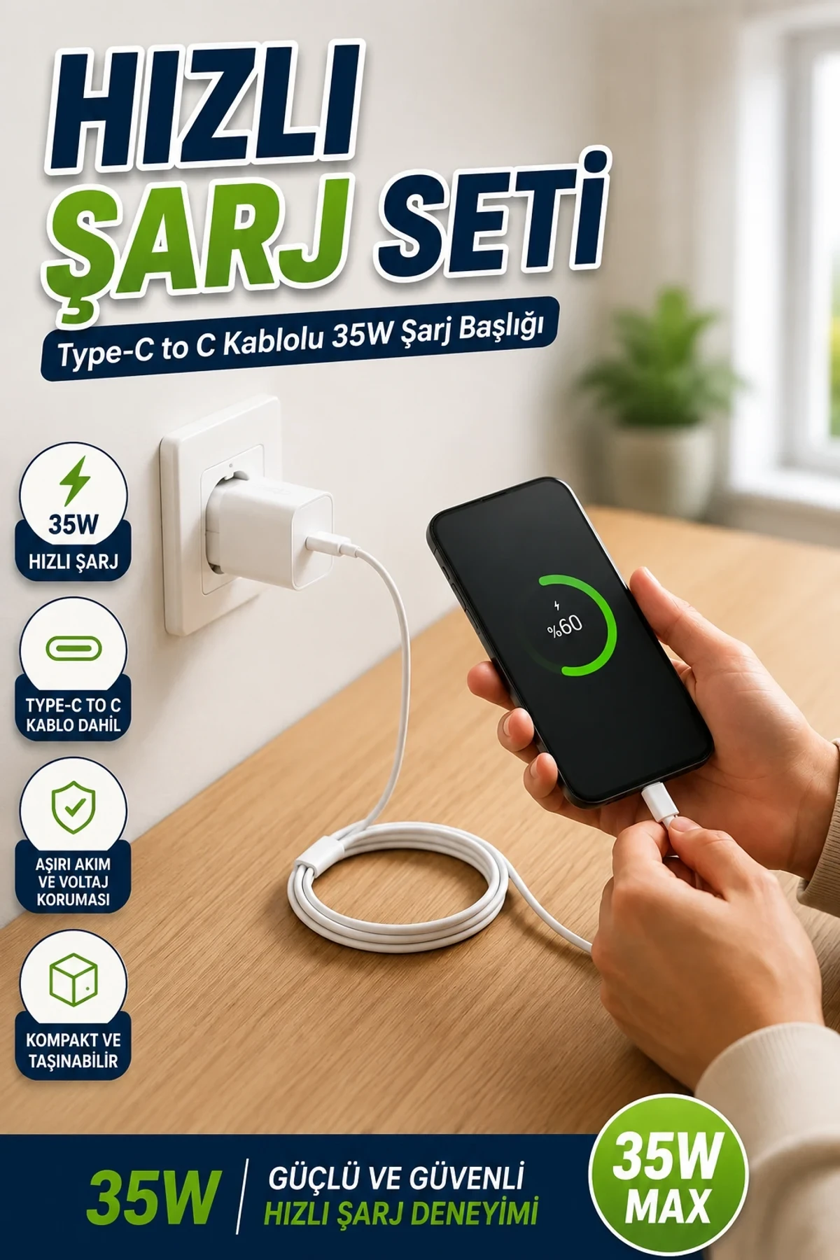 35W USB-C Hızlı Şarj Adaptörü Type-C to Type-C Kablo Seti
