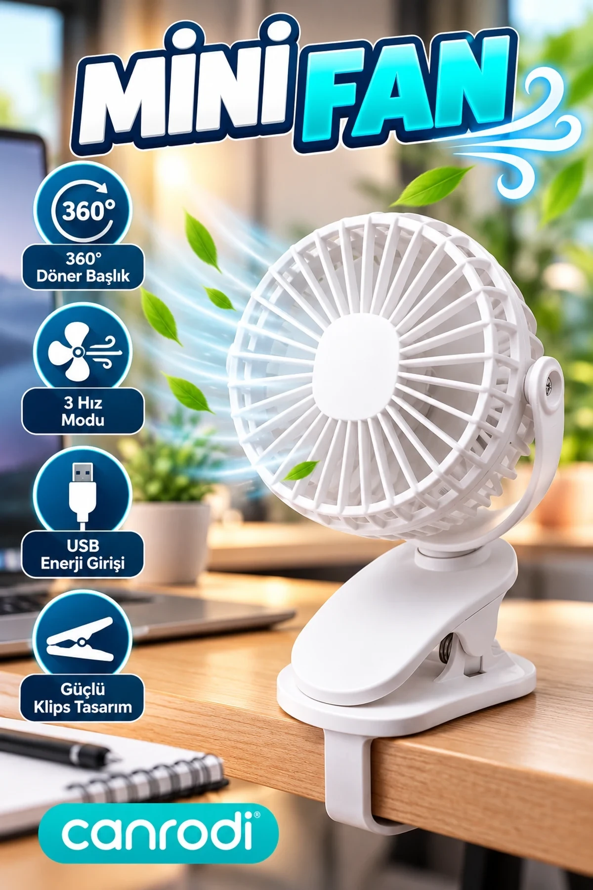 360° Döner Başlıklı 3 Hız Modlu Klipsli USB Mini Fan