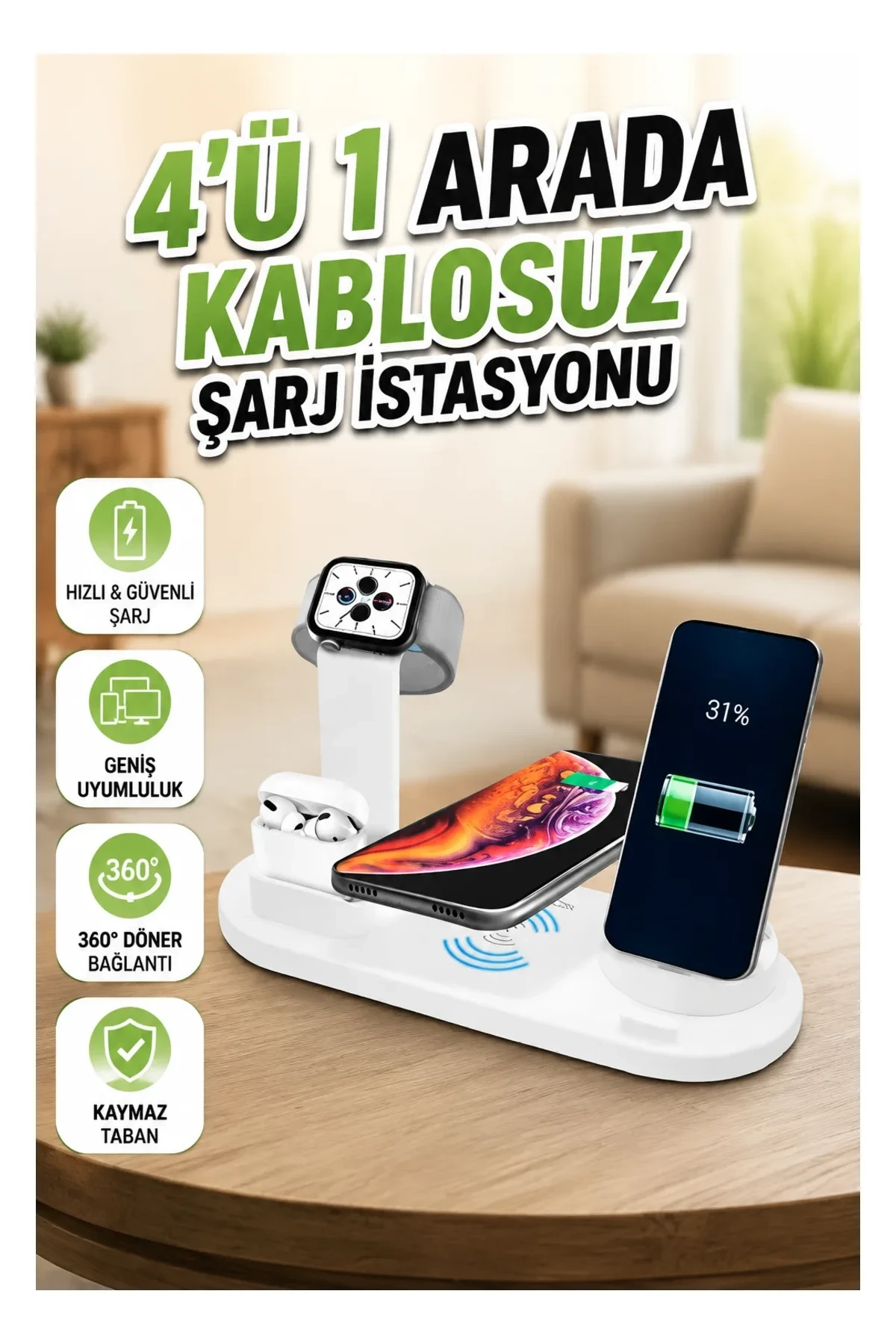 360° Döner Üçlü Şarj Standı – Micro USB, Type-C ve Lightning Uyumlu