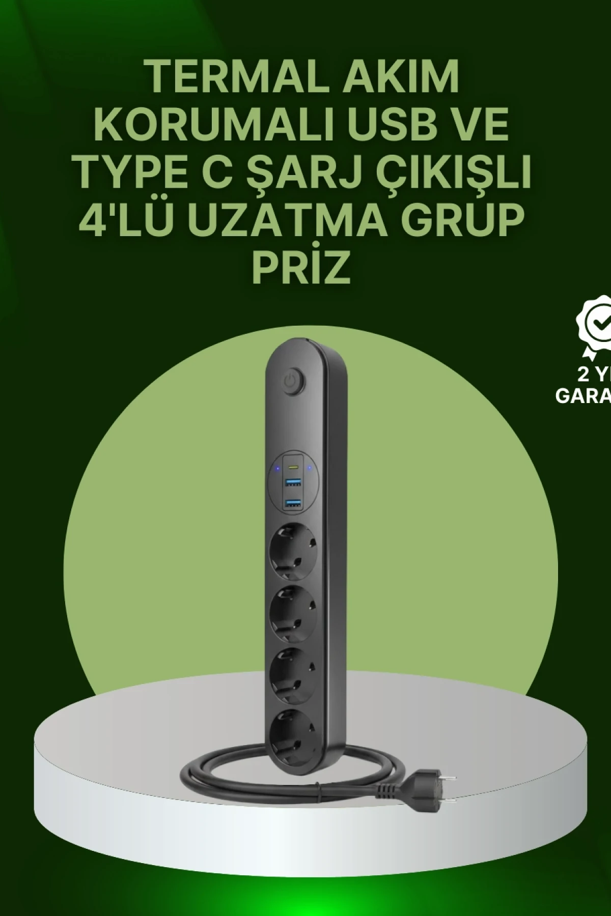 Akım Korumalı 4lü Çoklu Priz – 2 USB 1 Type-C, LED Anahtarlı, 2 Metre Kablolu