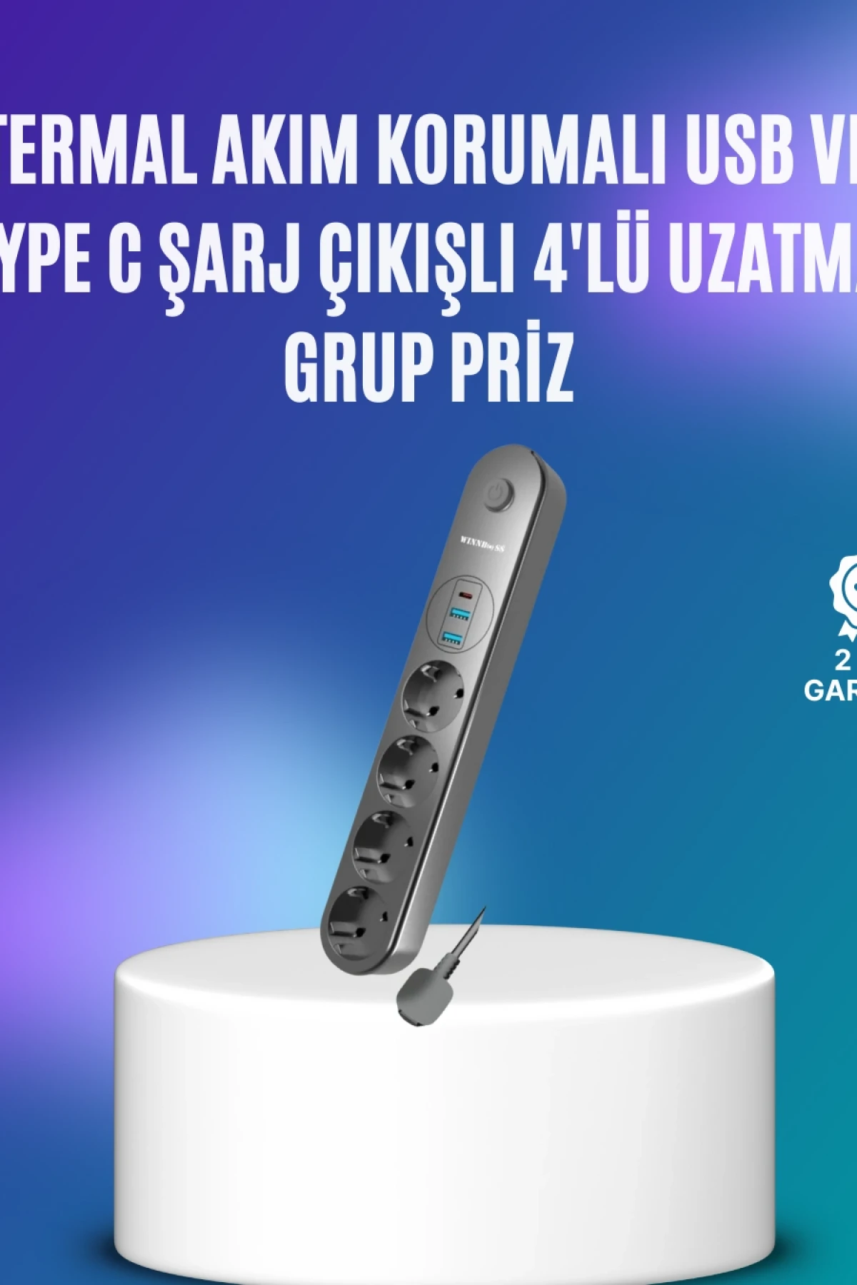 Akım Korumalı 4’lü Çoklu Priz – 2 USB, 1 Type-C, 2500W, 2 Metre Kablo, Siyah