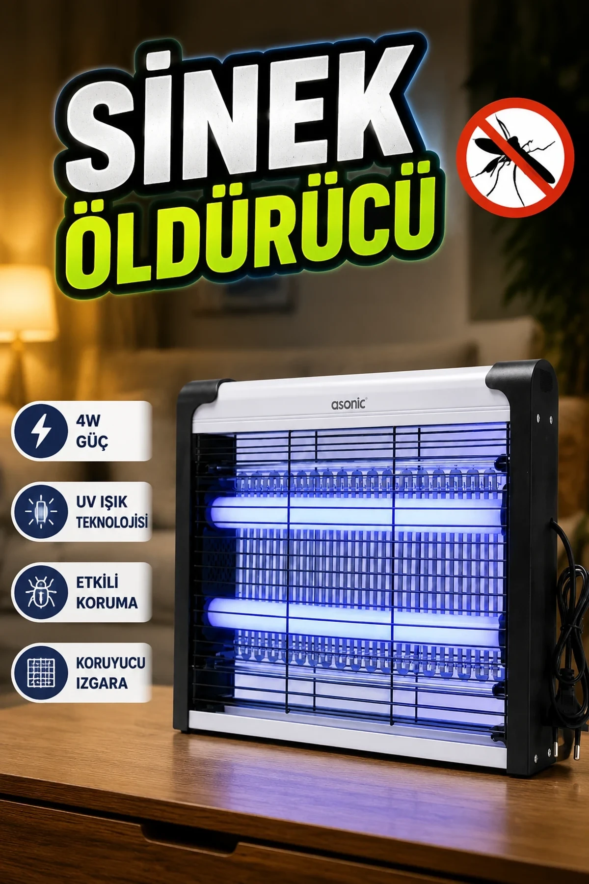 4W UV Mavi LED Elektrikli Sinek ve Uçan Böcek Öldürücü – Sessiz ve Kimyasalsız Kullanım