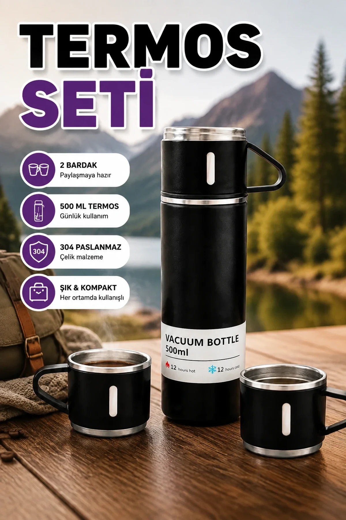 500 ml 304 Paslanmaz Çelik Isı Korumalı Termos ve 2 Bardak Seti – Silikon Tabanlı