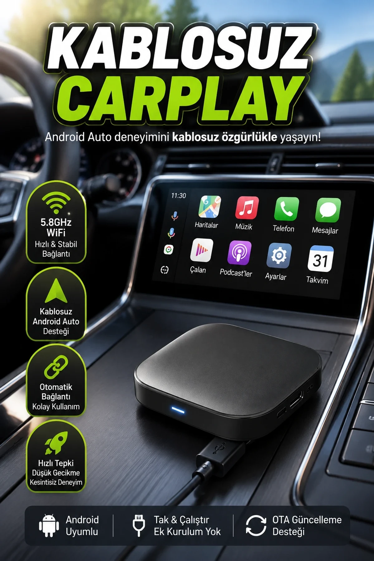 5.8GHz WiFi Kablosuz Android Auto Dönüştürücü Bluetooth 5.0 Adaptör