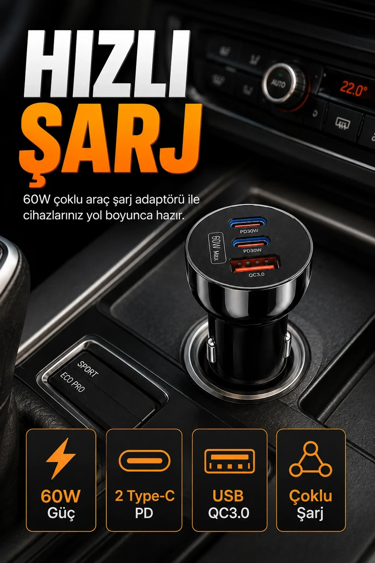 60W Çoklu Araç Şarj Adaptörü – 2 Type-C PD ve USB QC3.0