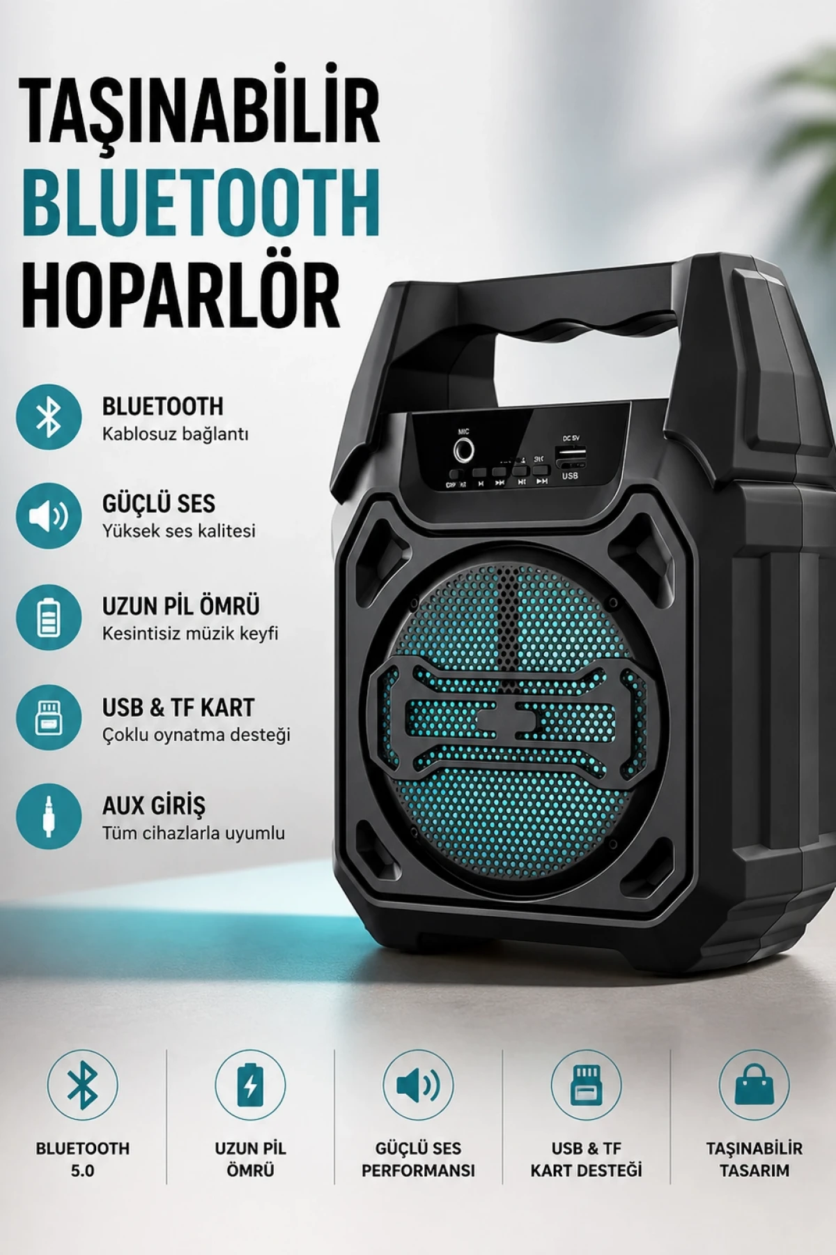 KTS 6,5 İnç Taşınabilir Bluetooth Hoparlör 15W – 1200 mAh, FM, TWS, USB, TF ve Mikrofonlu