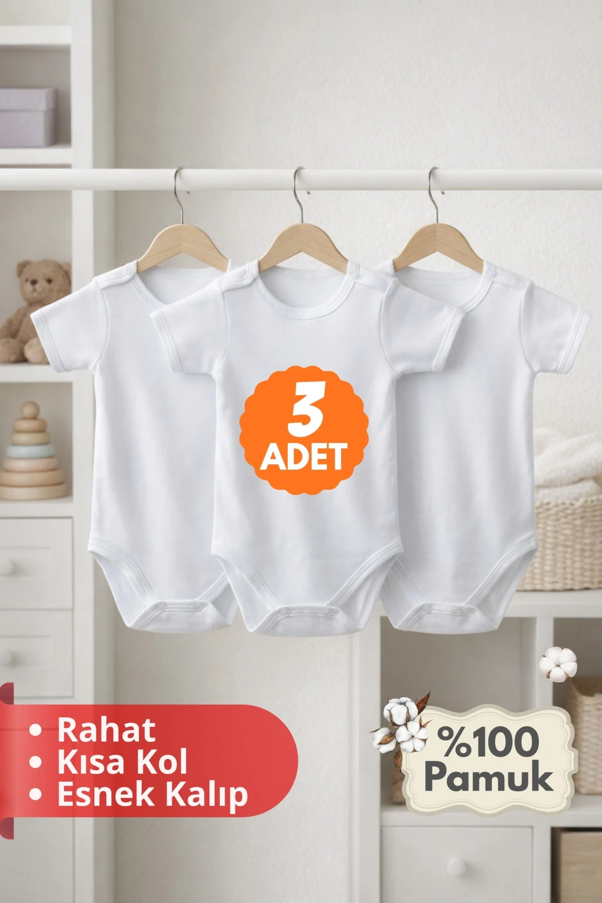 2-12 Yaş 3lü Beyaz Bebek Çocuk Body %100 Pamuk Esnek Kalıp Kısa Kol Çıtçıtlı Zıbın