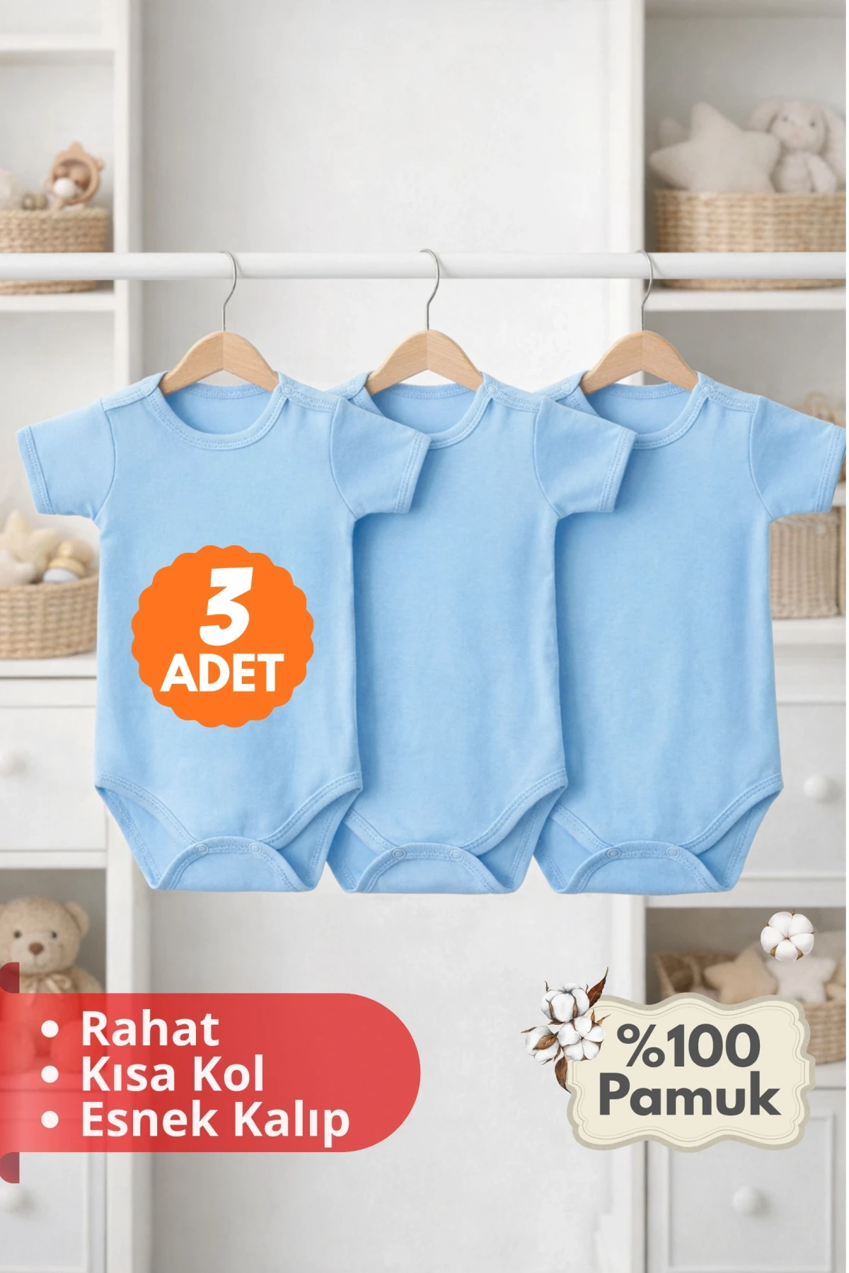 2-12 Yaş 3lü Mavi Bebek Çocuk Body %100 Pamuk Esnek Kalıp Kısa Kol Çıtçıtlı Zıbın