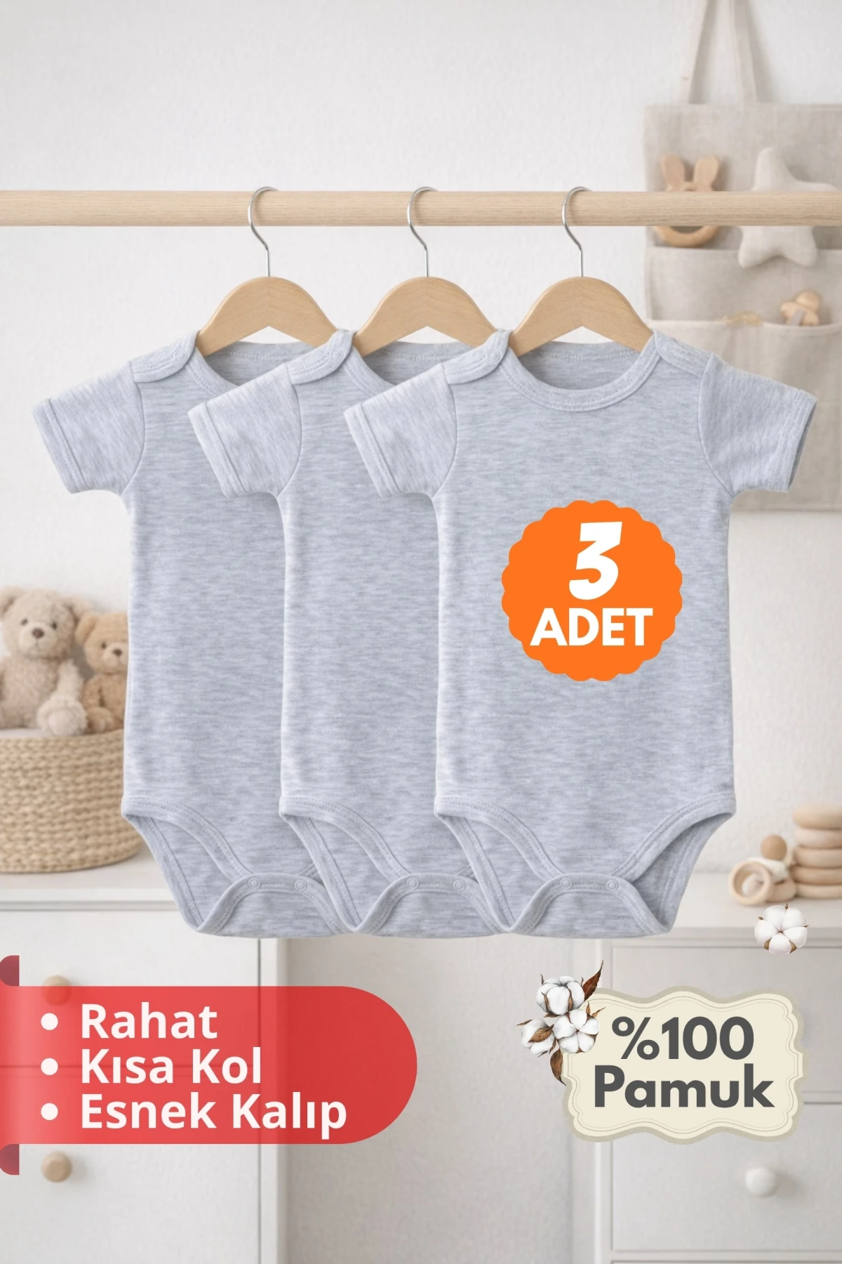 2-12 Yaş 3lü Gri Bebek Çocuk Body %100 Pamuk Esnek Kalıp Kısa Kol Çıtçıtlı Zıbın