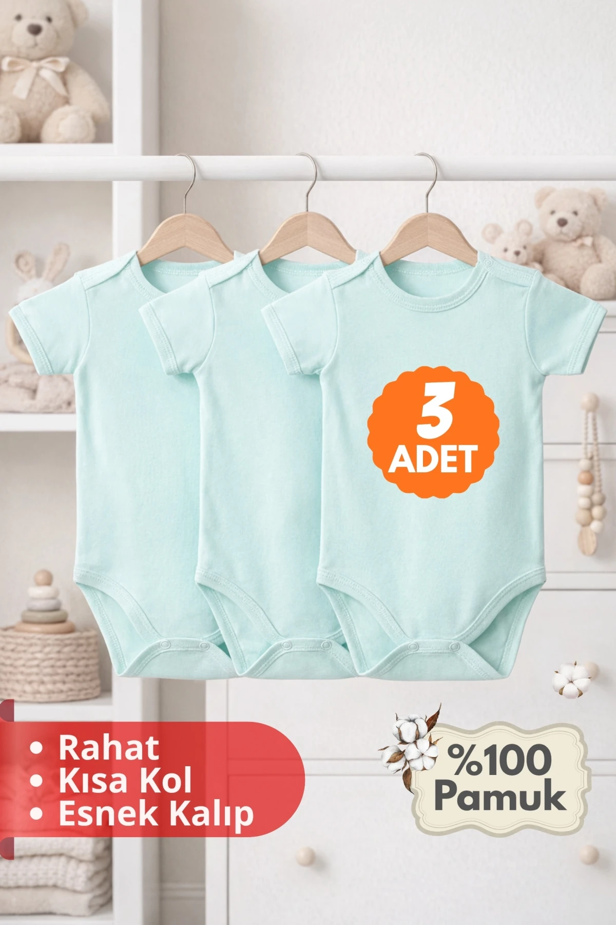 2-12 Yaş 3lü Yeşil Bebek Çocuk Body %100 Pamuk Esnek Kalıp Kısa Kol Çıtçıtlı Zıbın