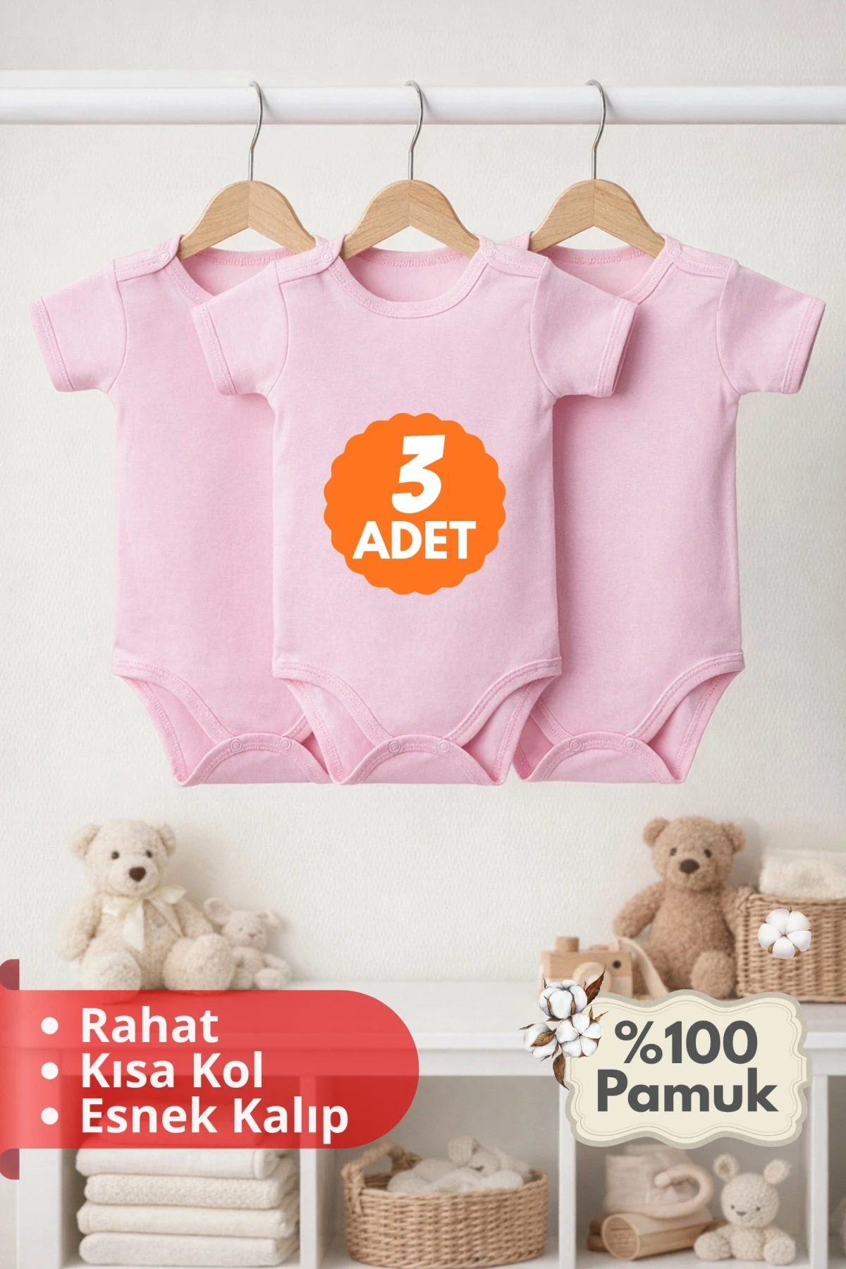 2-12 Yaş 3lü Pembe Bebek Çocuk Body %100 Pamuk Esnek Kalıp Kısa Kol Çıtçıtlı Zıbın