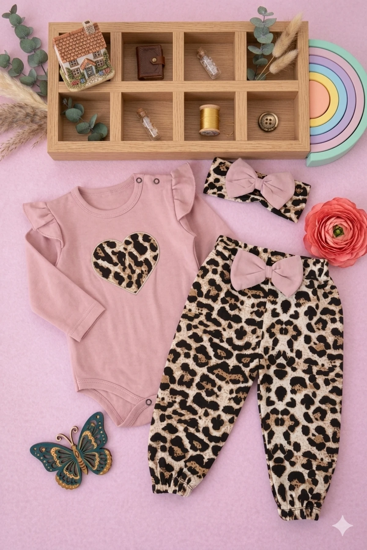 Leopar Desen Kalp Detaylı Fırfırlı 3lü Badili Kız Bebek Takımı(Bandanalı) | 3-6-9-12 Ay