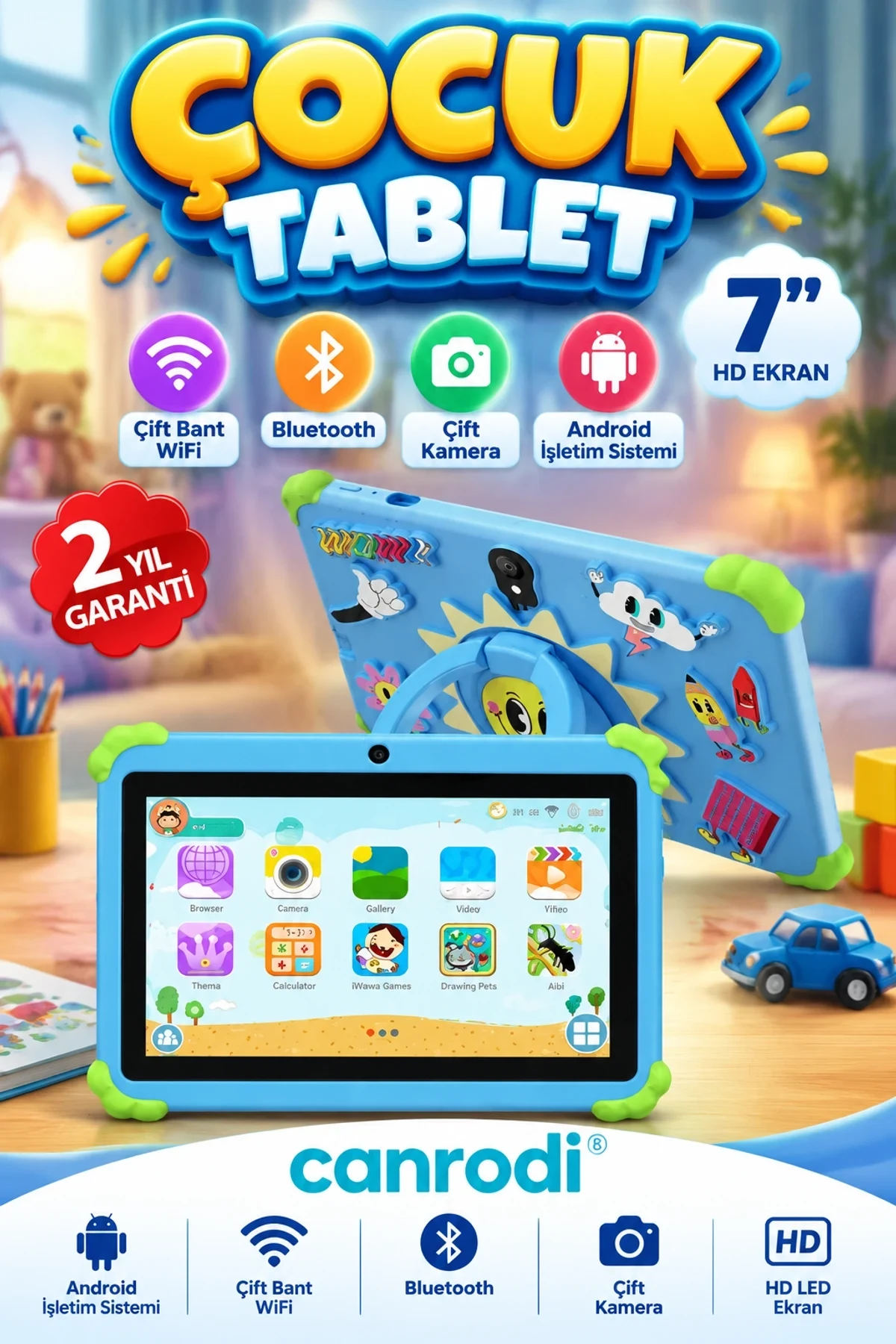 7 İnç Android Tablet – Çift Bant WiFi, Bluetooth, Çift Kamera ve HD LED Ekran
