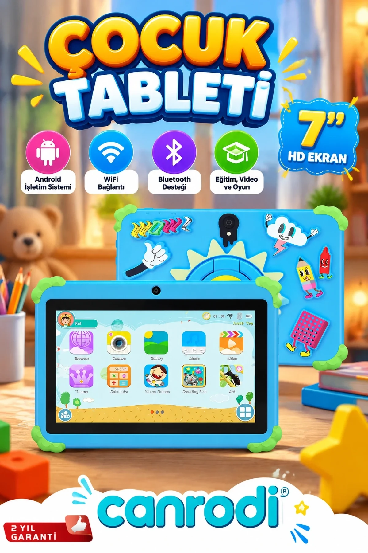 7 İnç Android Tablet – HD Ekran, WiFi ve Bluetooth | Eğitim, Video ve Oyun