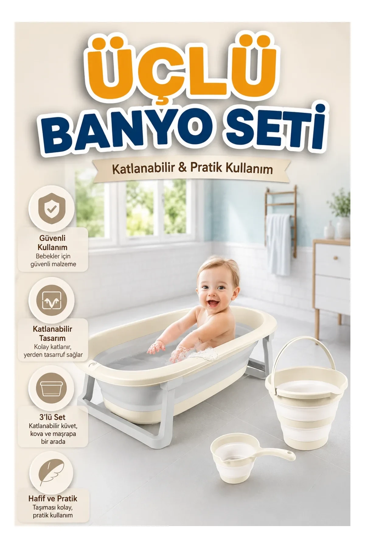 7271 Katlanabilir Banyo Seti 3lü Bej