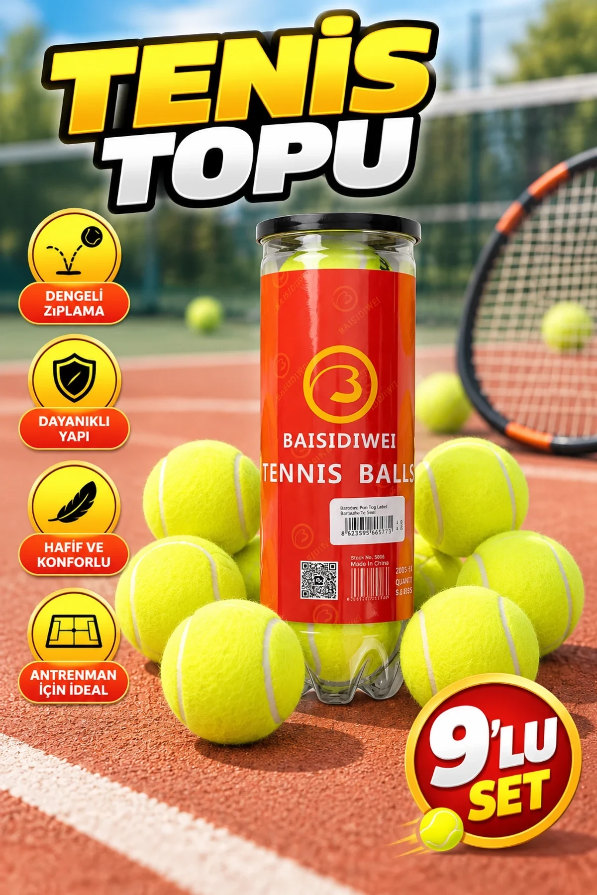 9’lu Tenis Topu Seti – Dengeli Zıplama ve Dayanıklı Yapı