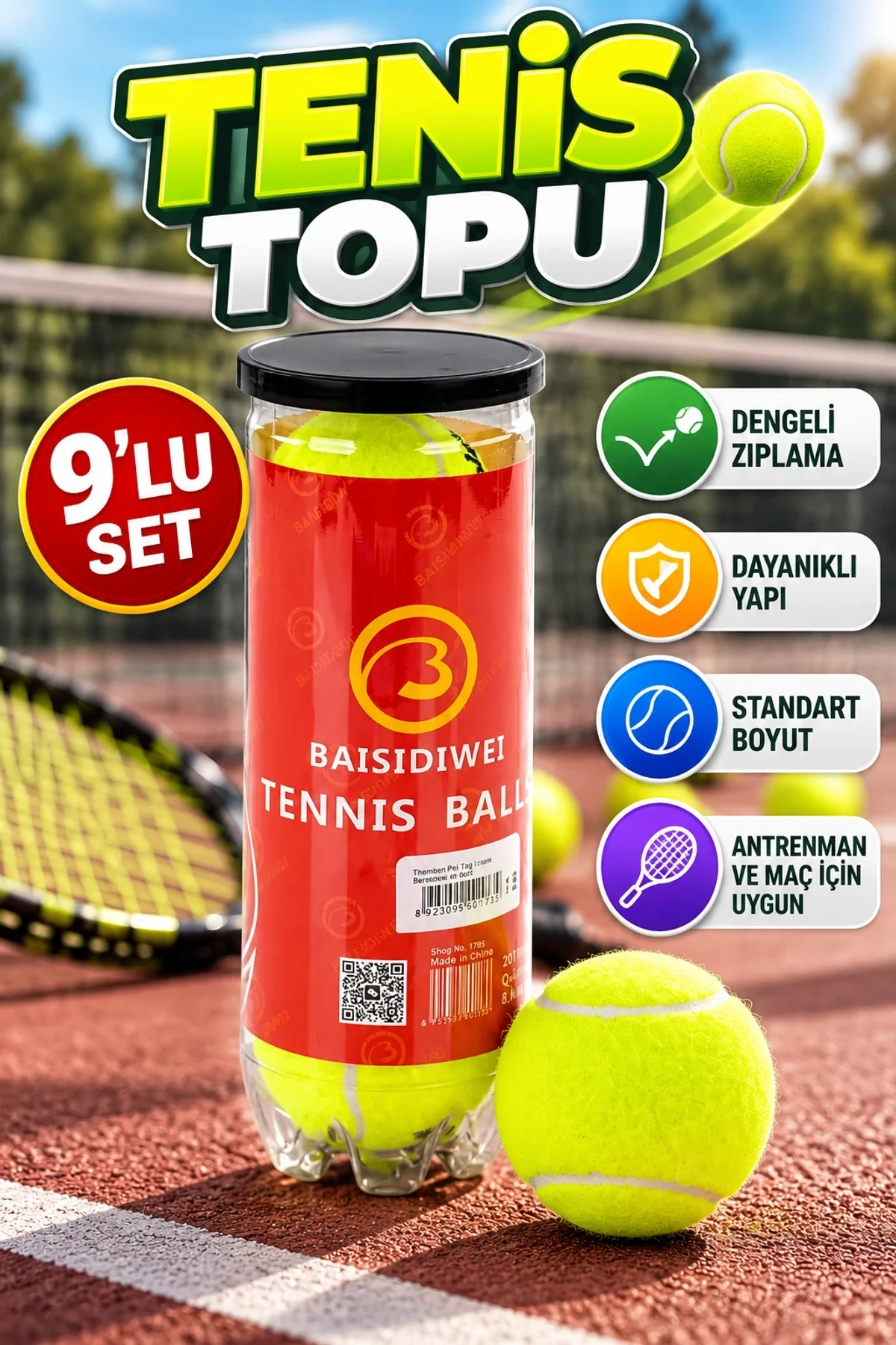 9’lu Tenis Topu Seti – Dengeli Zıplama ve Dayanıklı Yapı