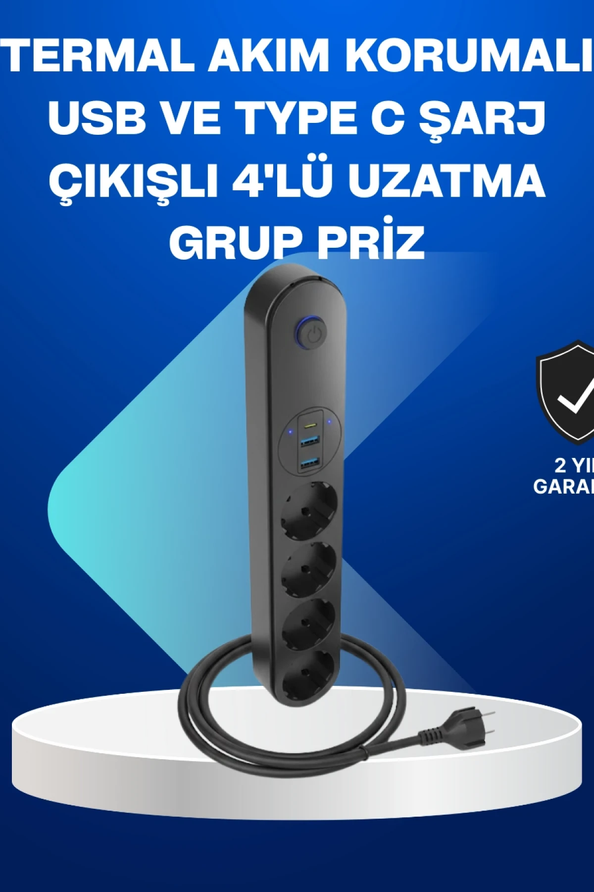 4’lü Akım Korumalı Çoklu Priz – 2 USB, Type-C, 2500W ve 2 Metre Kablo
