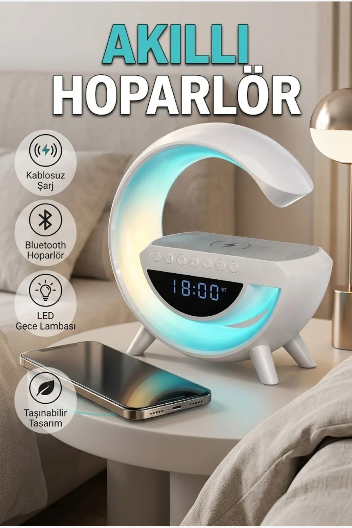 Akıllı Bluetooth Hoparlör Kablosuz Şarjlı LED Gece Lambası Standı