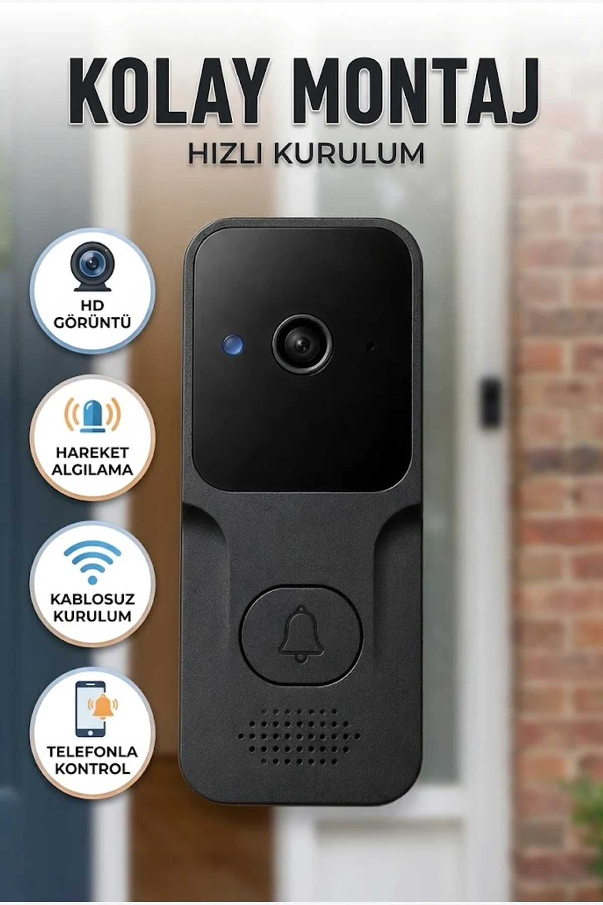 Akıllı Görüntülü Kapı Zili HD Kamera Kablosuz Gece Görüşlü Hareket Bildirimli