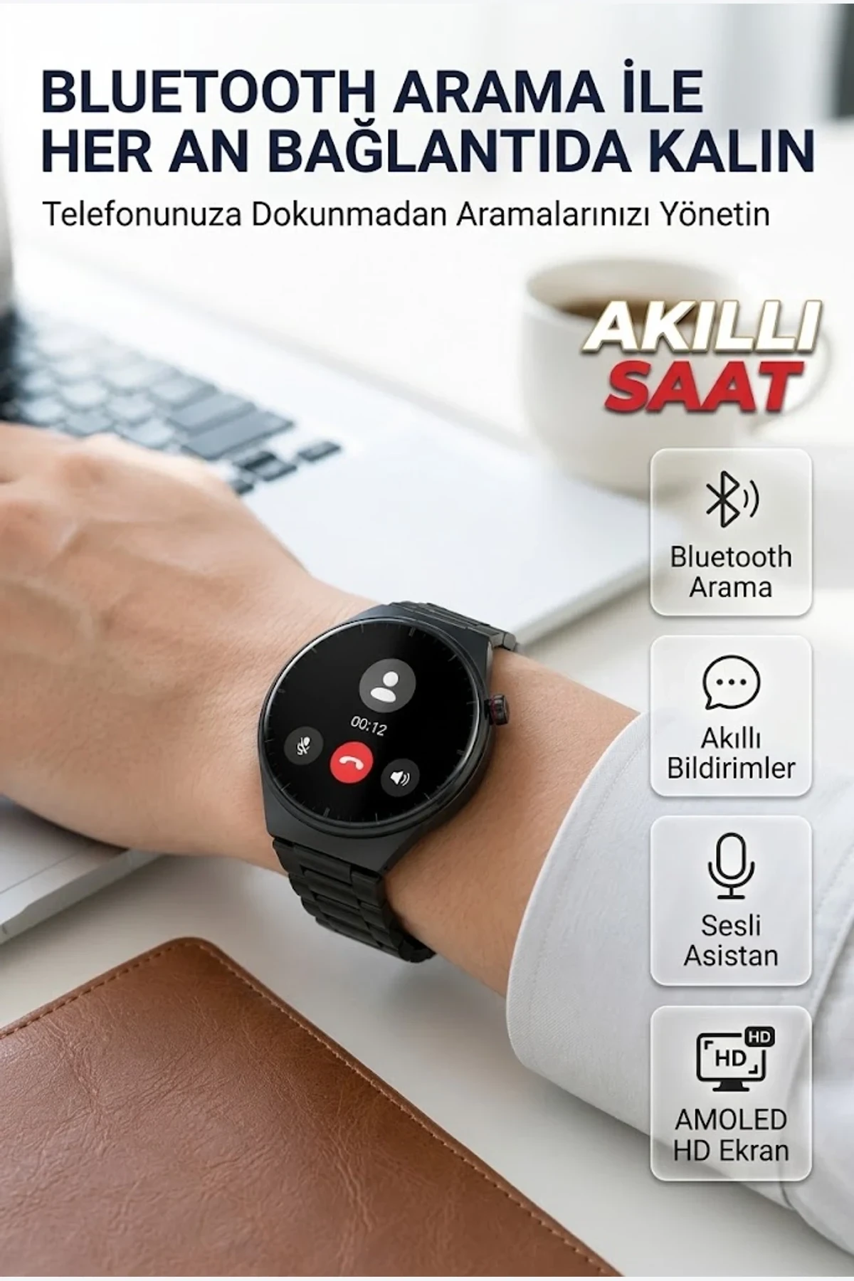 Akıllı Saat Bluetooth Aramalı AMOLED HD Ekran Android iOS Uyumlu 3lü Kordon Seti