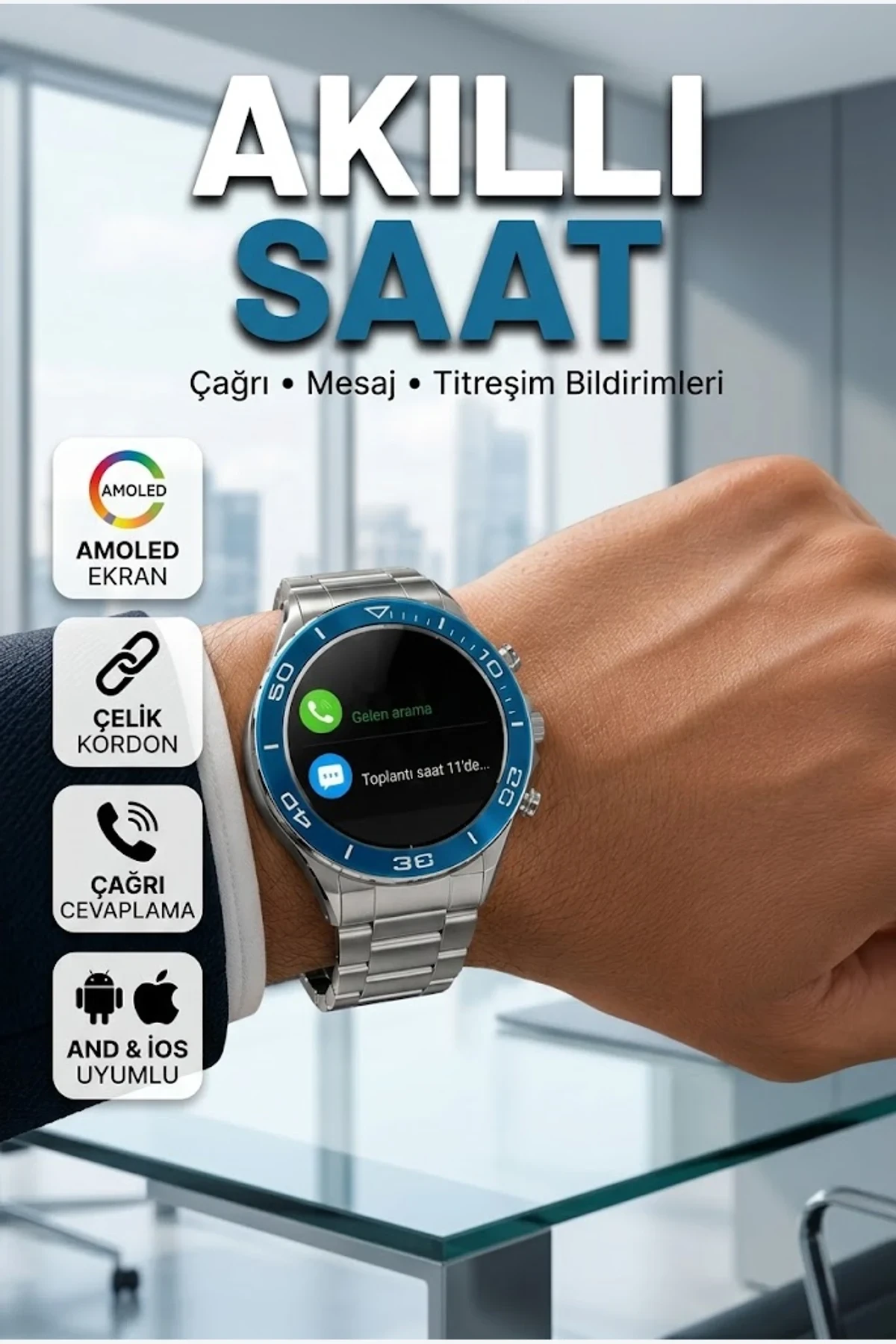 Akıllı Saat Çelik Kordonlu 1.69 İnç AMOLED Ekran Android iOS Uyumlu Çağrı Özellikli