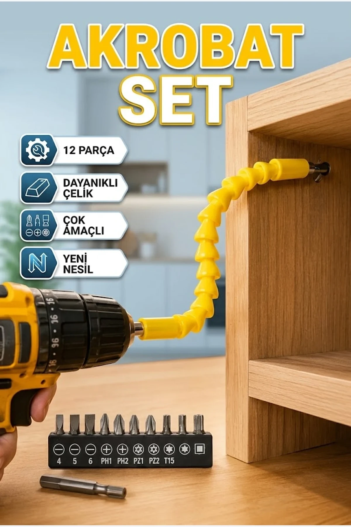 Akrobat 12 Parça Bits Vidalama Uç Seti Esnek Tasarım Dayanıklı Çelik