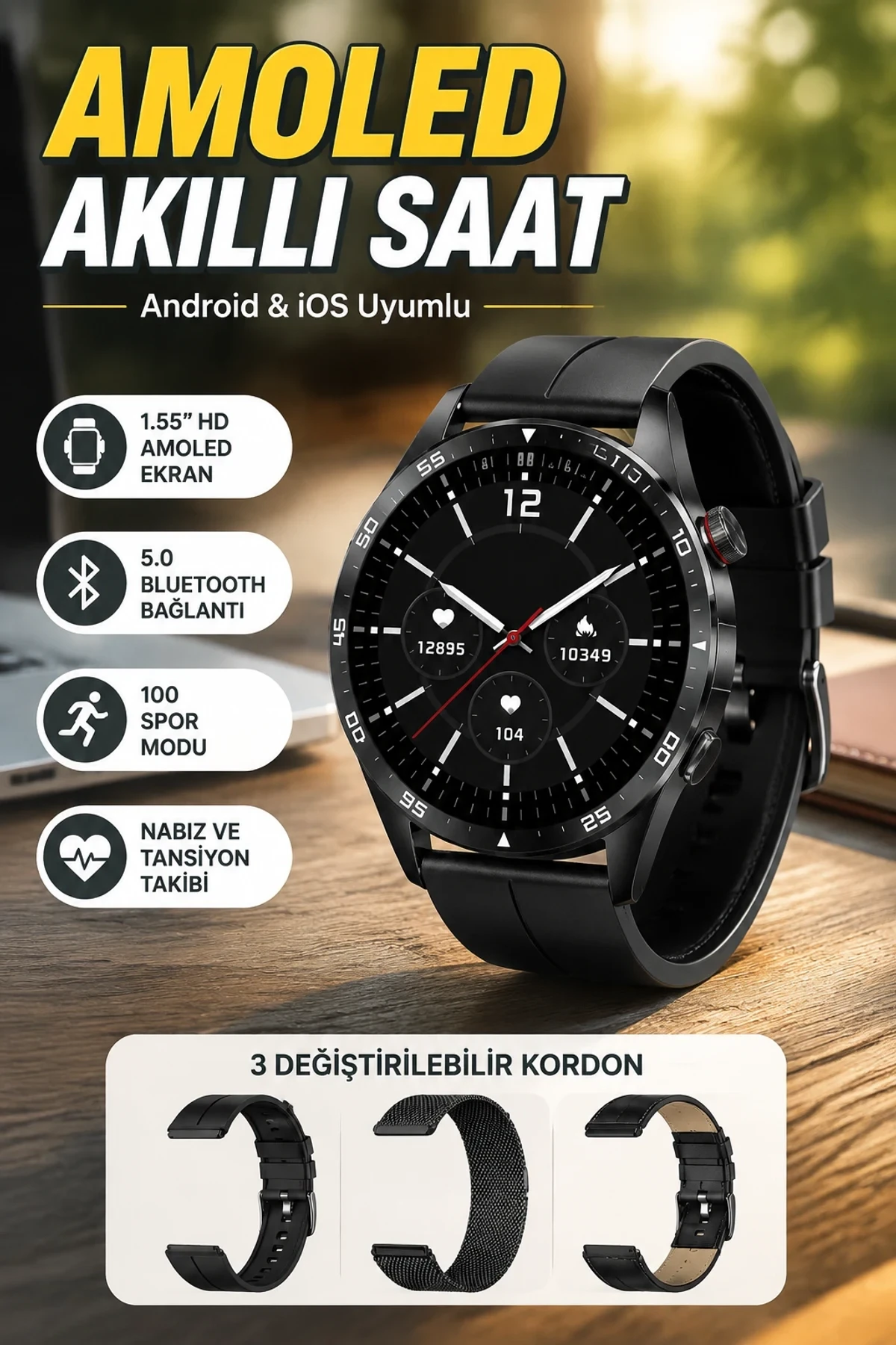 Amoled Ekranlı 3 Kordonlu Akıllı Saat Bluetooth 5.0 Android iOS Uyumlu