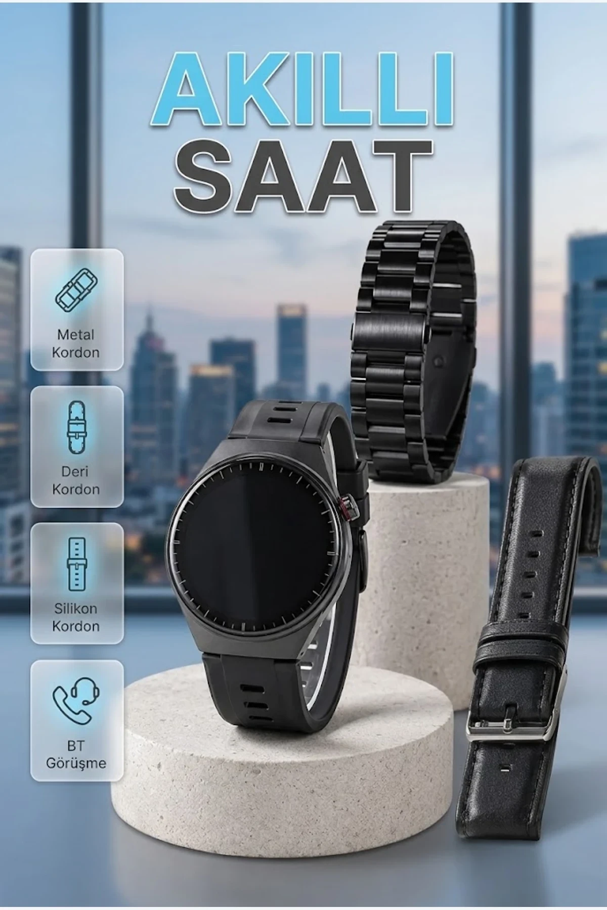 AMOLED Ekranlı Akıllı Saat Bluetooth Arama Sağlık Takibi 3 Kordon Seti