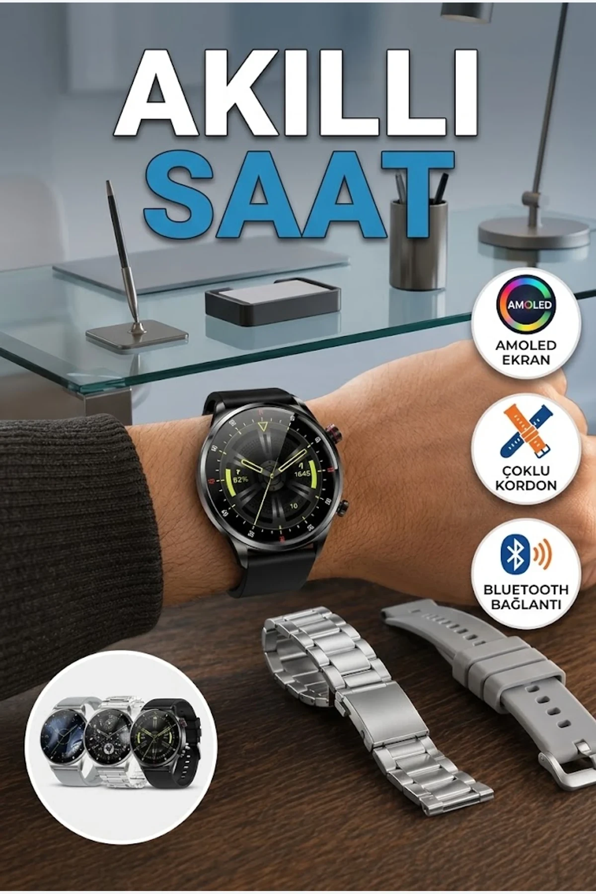 AMOLED Ekranlı Akıllı Saat – Çoklu Kordon, Bluetooth ve Sesli Görüşme