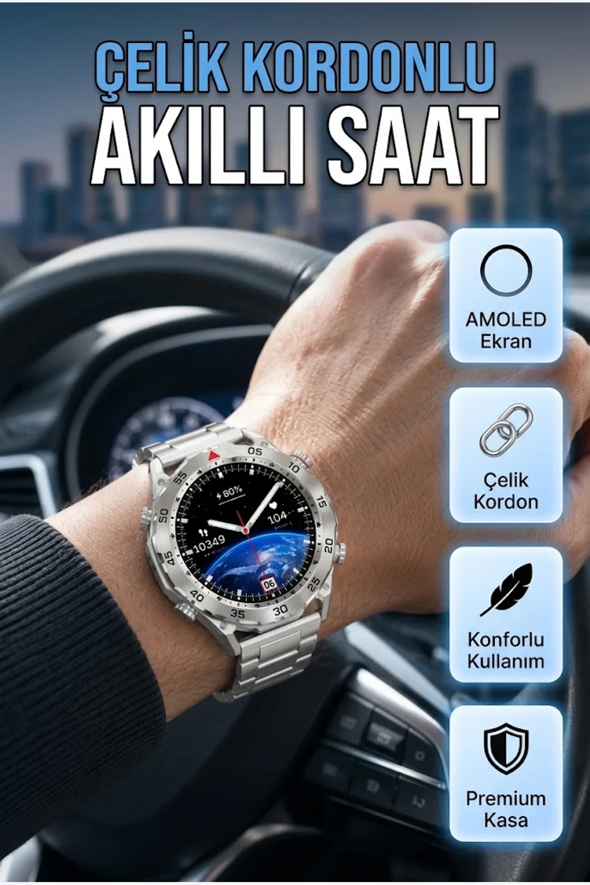 AMOLED Ekranlı Çelik Kordon Akıllı Saat – 1.69 İnç | Android ve iOS Uyumlu Çağrı Cevaplama