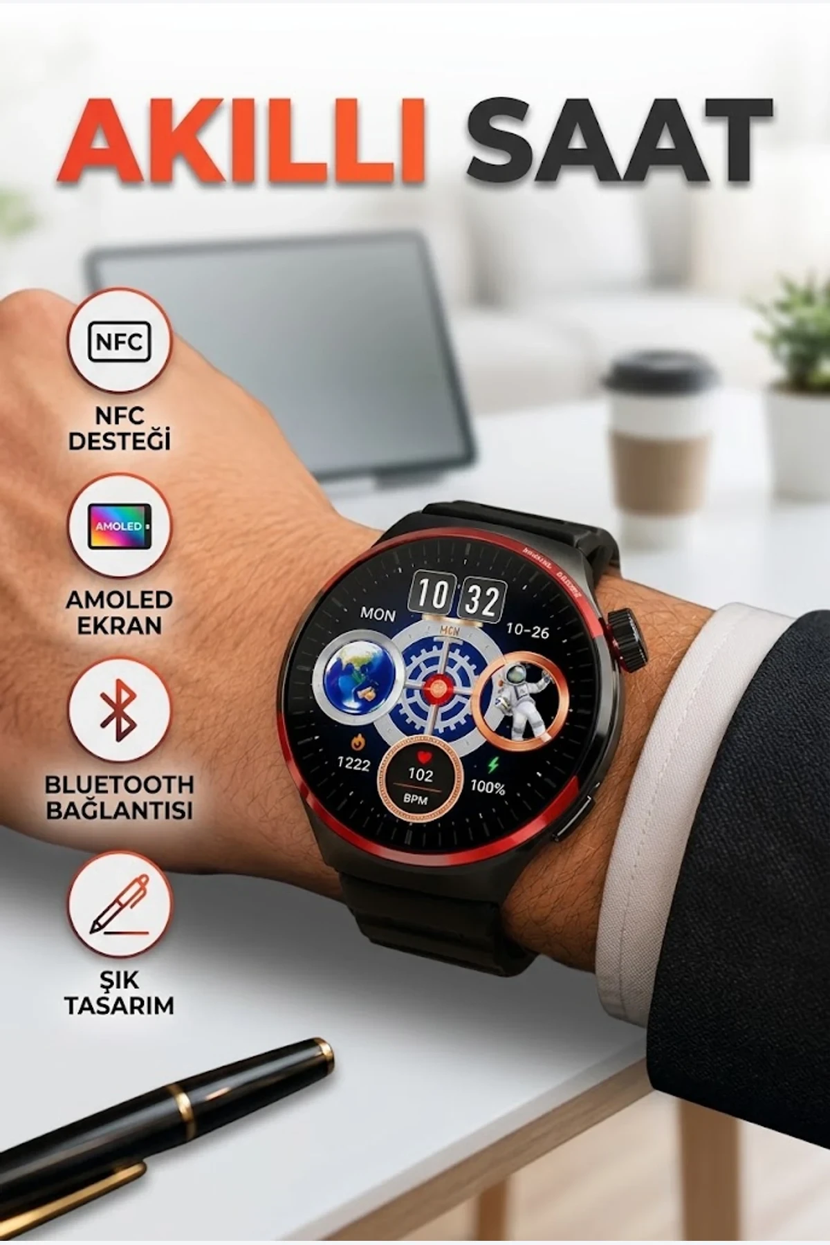 AMOLED NFC Akıllı Saat – Bluetooth Arama, IP67, Kablosuz Şarj