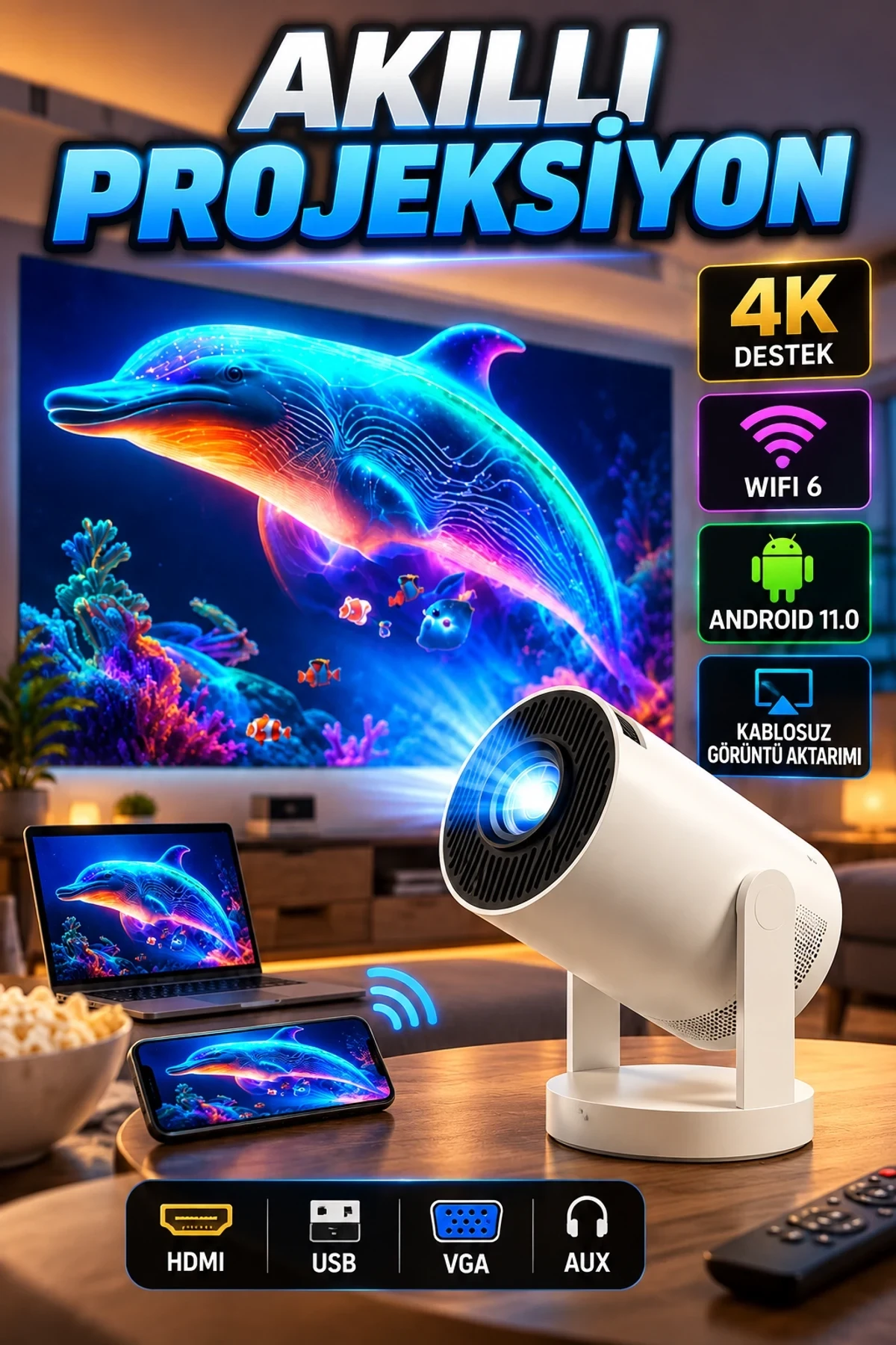 Android 11 Akıllı Projeksiyon – Kablosuz Görüntü Aktarımı HDMI USB VGA Bağlantılı