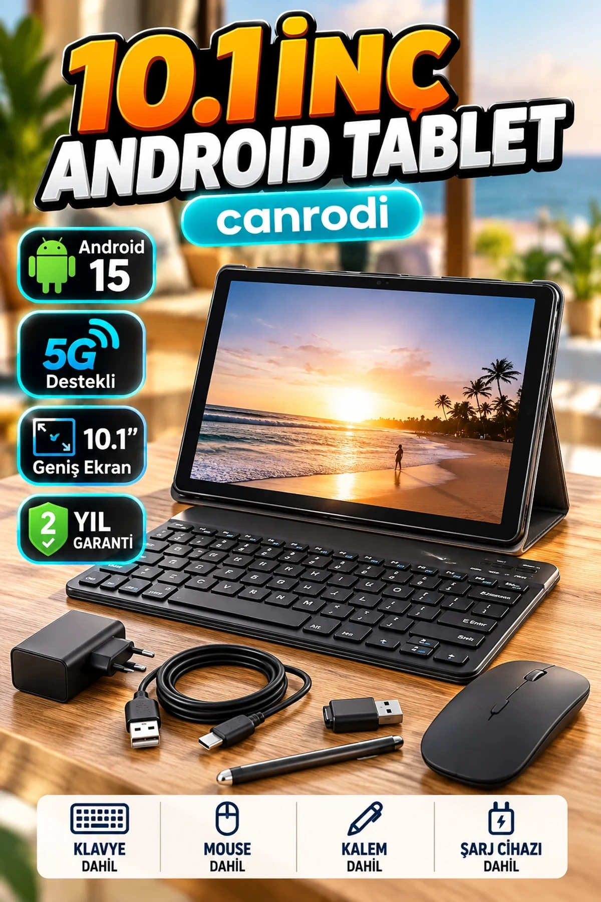 Android 15 10.1 İnç Tablet Klavyeli Mouse’lu 5G Destekli Profesyonel Set