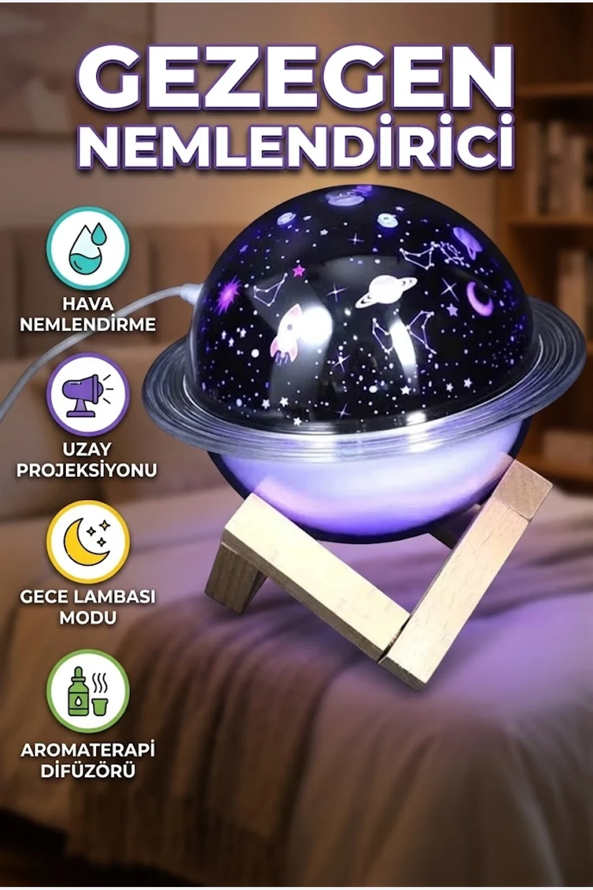 USB Hava Nemlendirici ve Projeksiyonlu Gece Lambası – Aromaterapi Özellikli