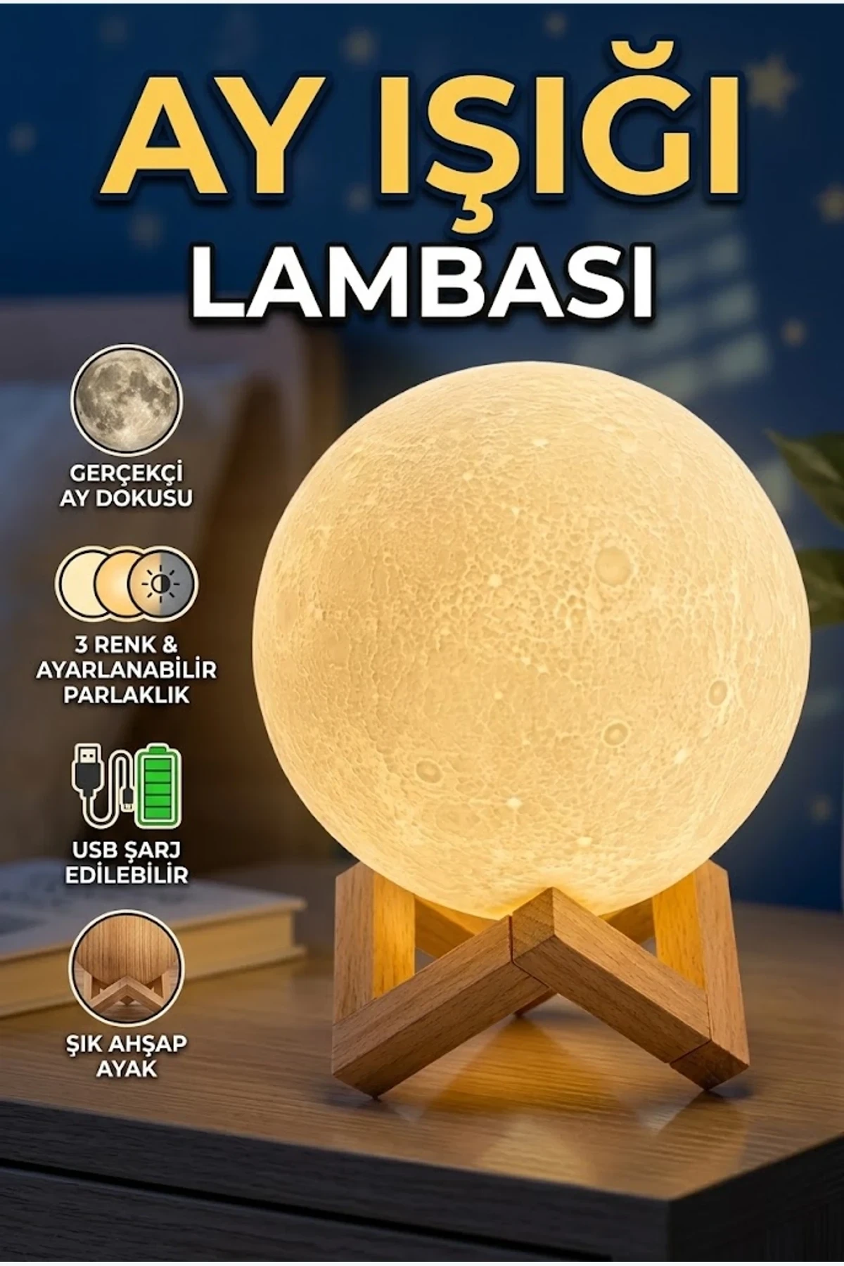3D Ay Işığı Gece Lambası Ahşap Standlı Dekoratif LED Masa Lambası