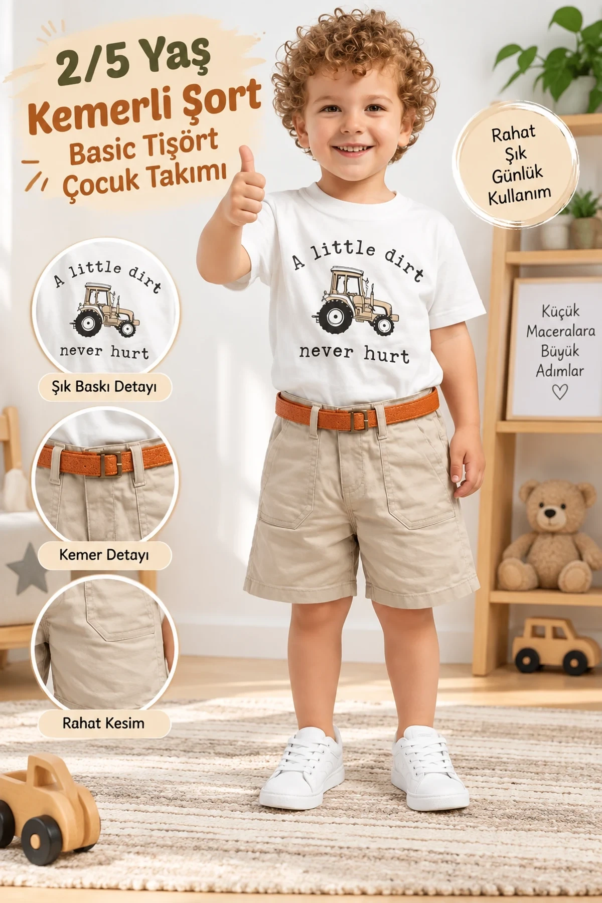 Basic Tişört ve Kemerli Şort Çocuk Takımı – 2/5 Yaş