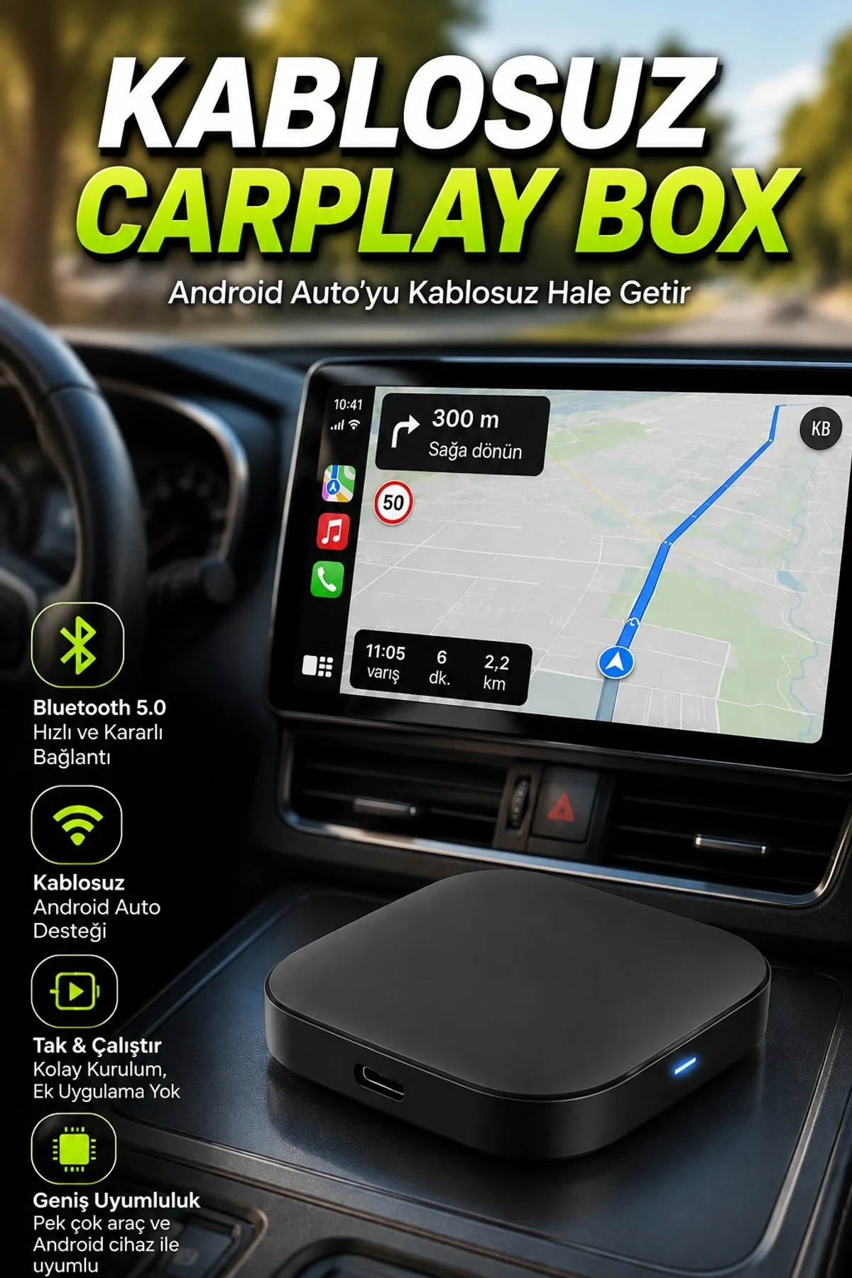 Bluetooth 5.0 Kablosuz Android Auto Adaptörü USB Bağlantılı Hızlı Eşleşme
