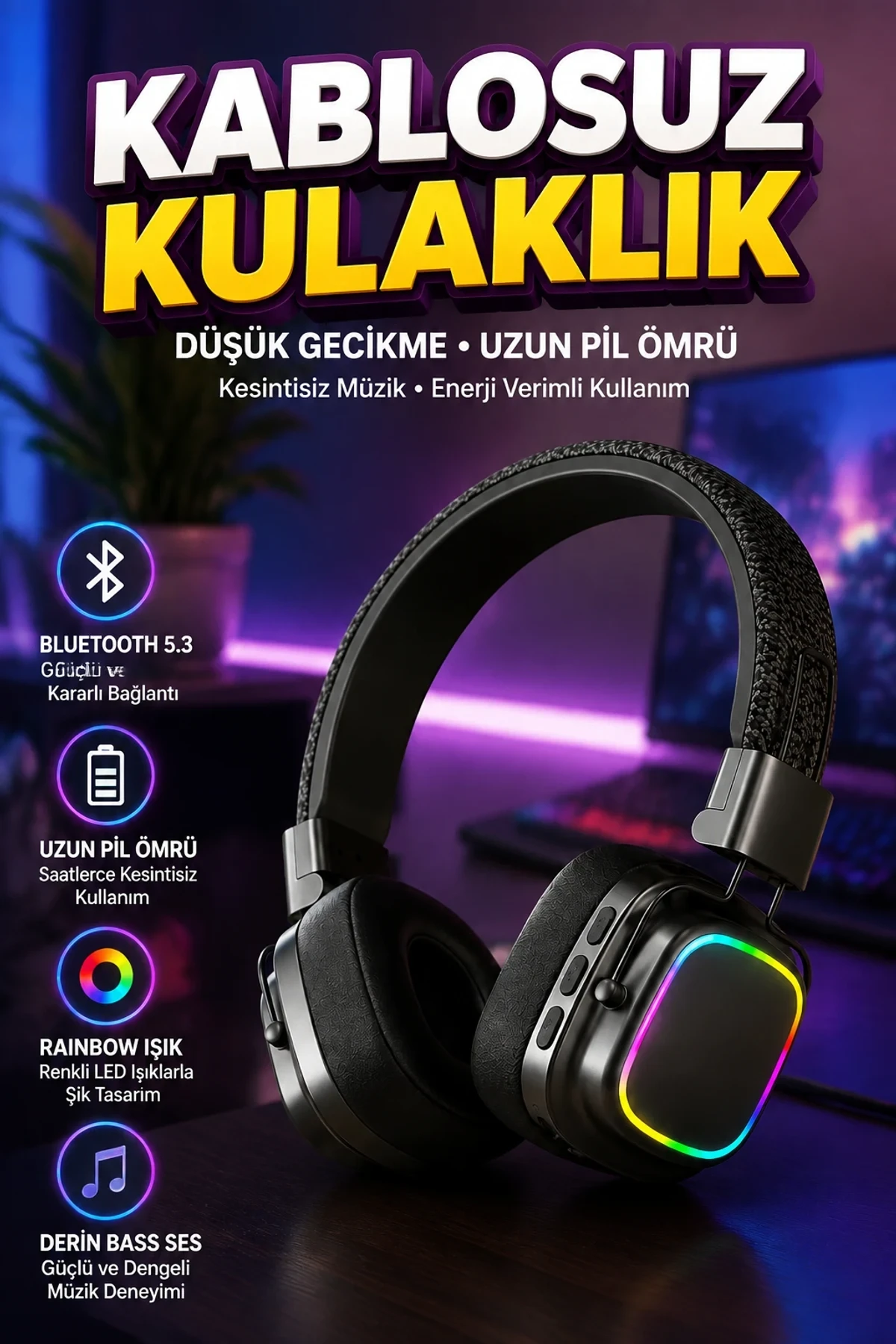 Bluetooth 5.3 Rainbow LED Işıklı Kulak Üstü Kablosuz Kulaklık