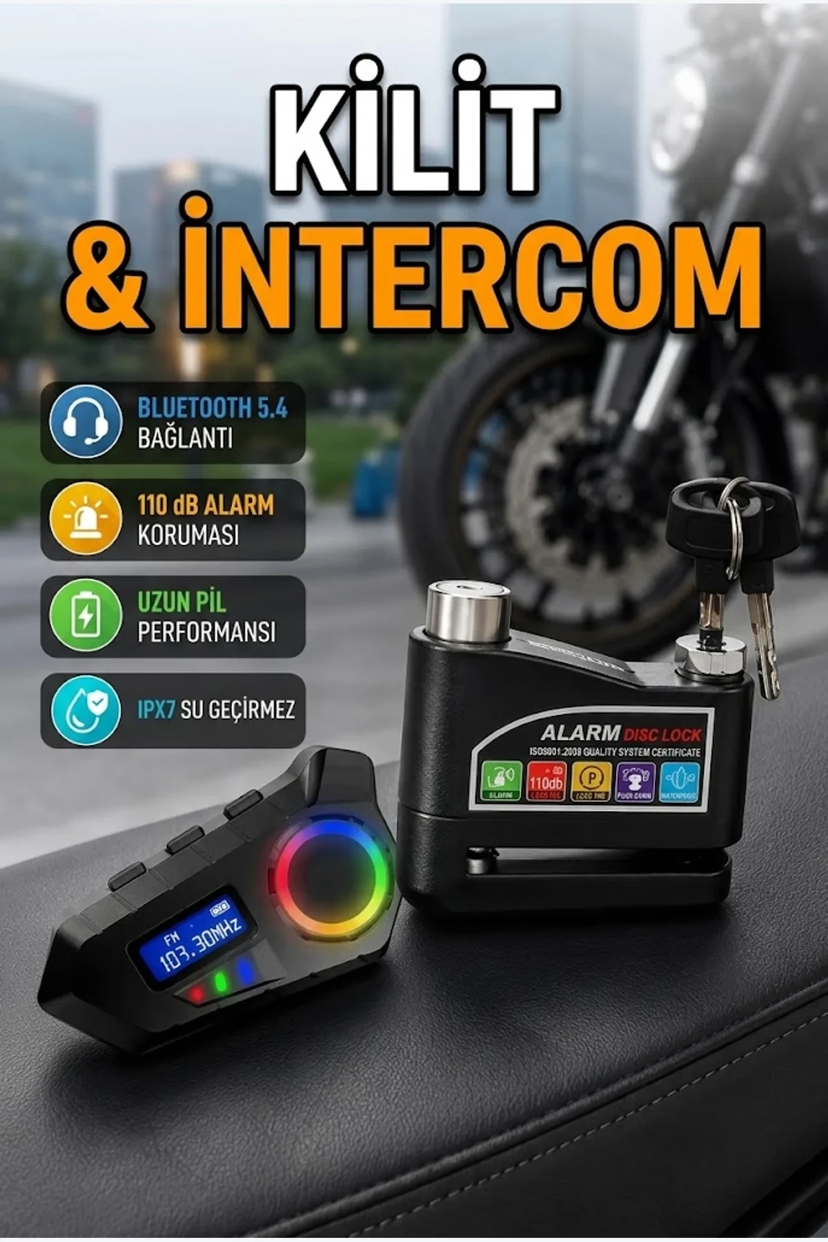 Bluetooth 5.4 İntercom Hoparlör ve 110dB Alarmlı Disk Kilidi Seti