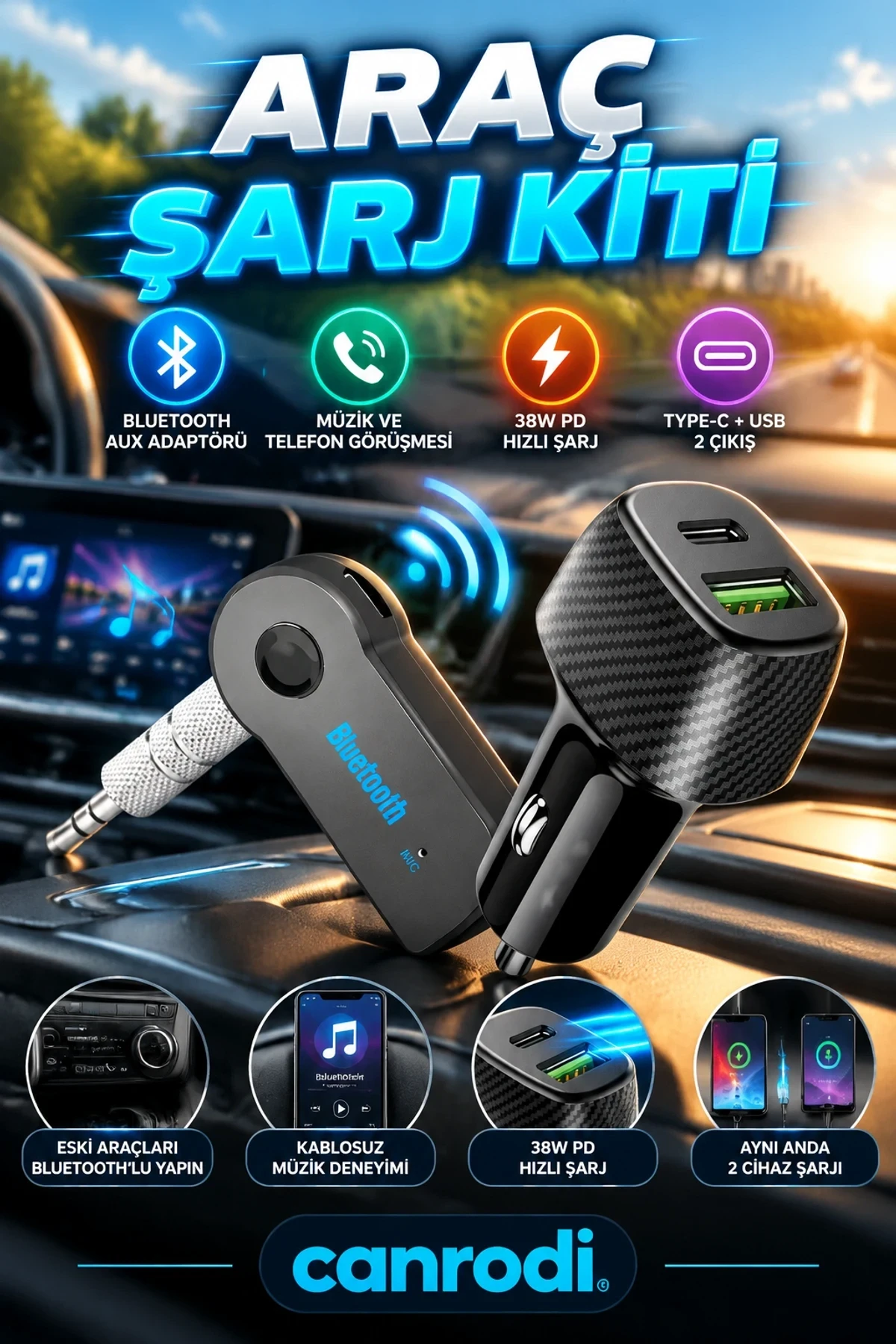 Bluetooth AUX Adaptörü ve 38W PD Type-C USB Araç Şarj Cihazı – 2’li Set