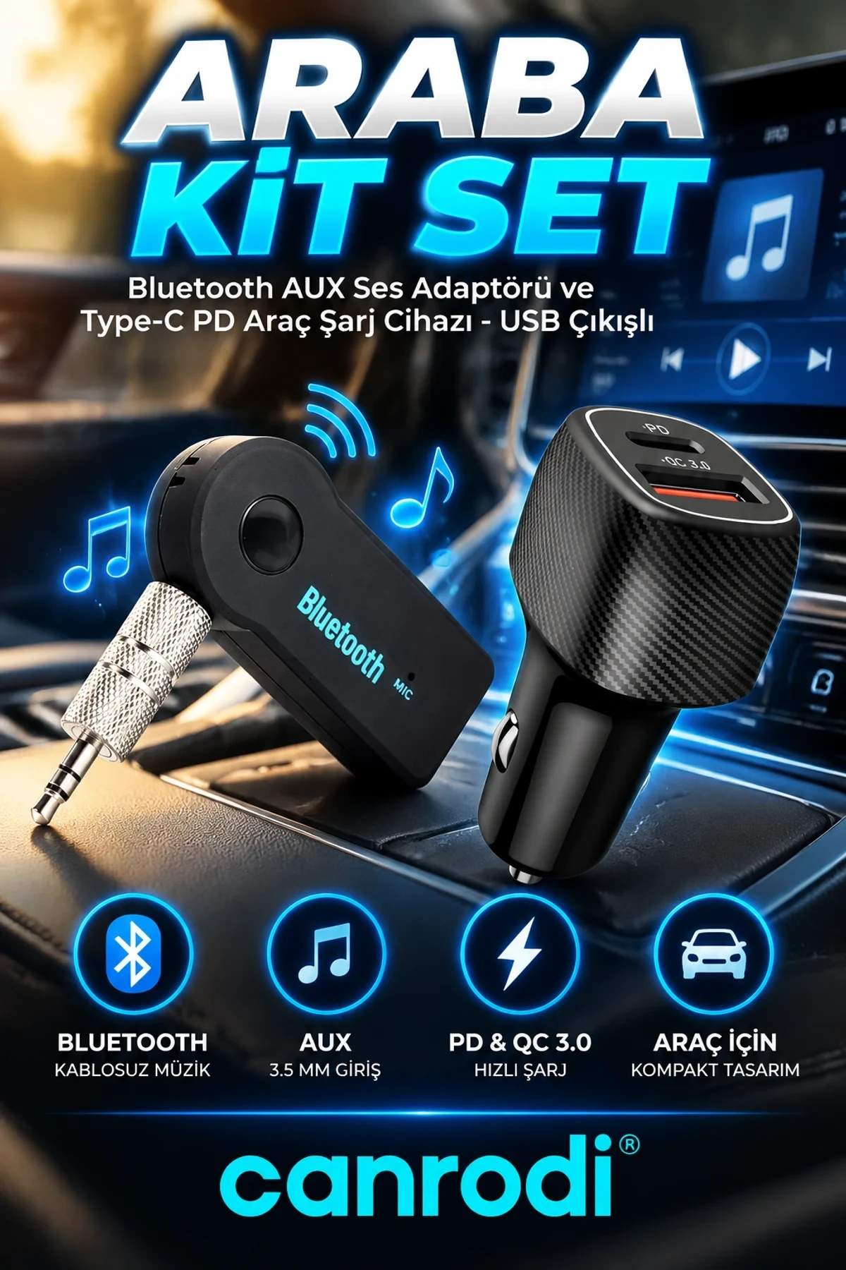 Bluetooth AUX Ses Adaptörü ve Type-C PD Araç Şarj Cihazı – USB Çıkışlı 2’li Set