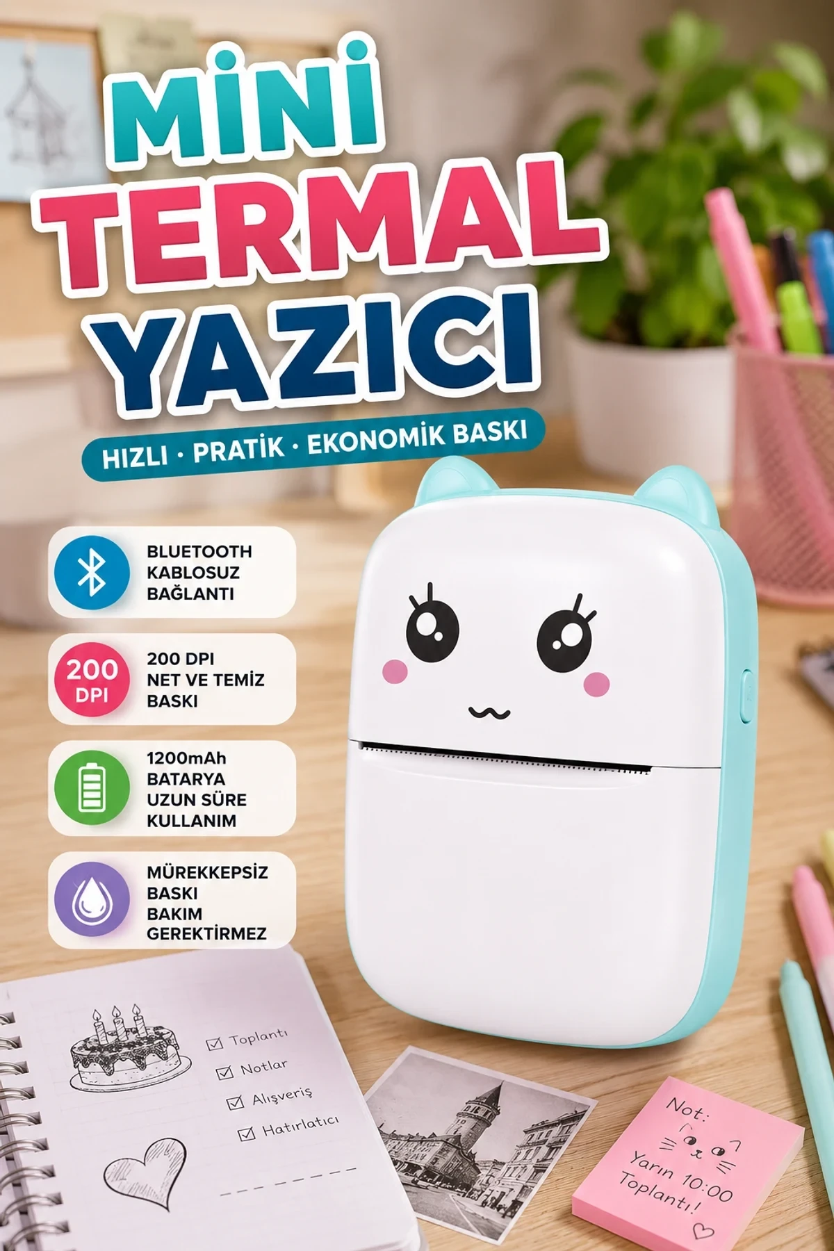 Bluetooth Mini Termal Cep Yazıcısı 200 DPI – Mürekkepsiz Baskı ve 1200 mAh Batarya